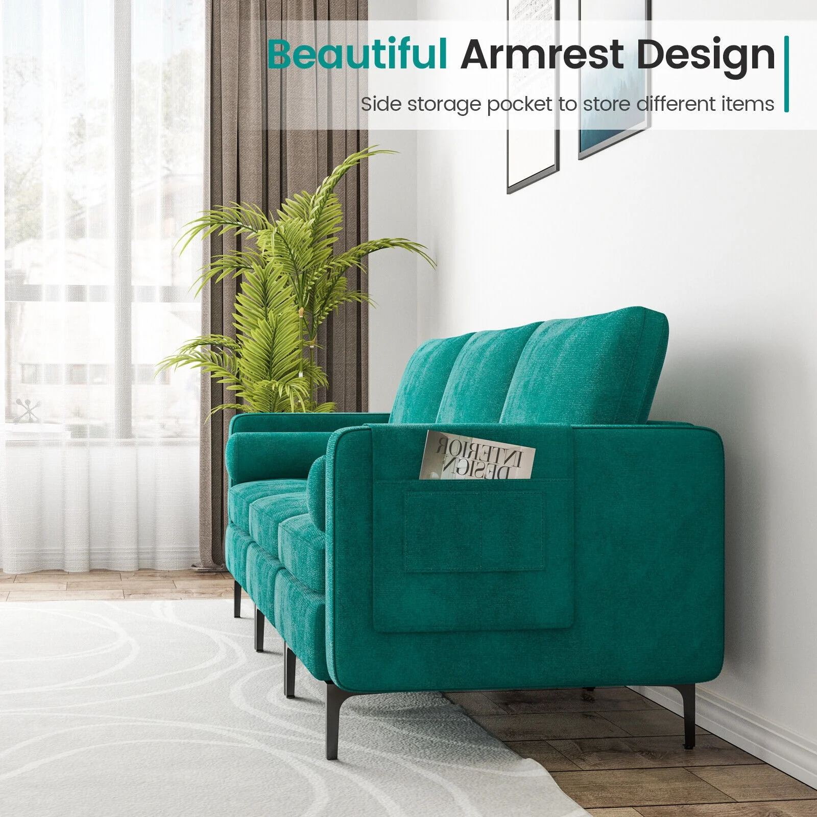 3-Seat Sectional Sofa, Side Storage Pocket, Metal Leg, Teal - Image 4