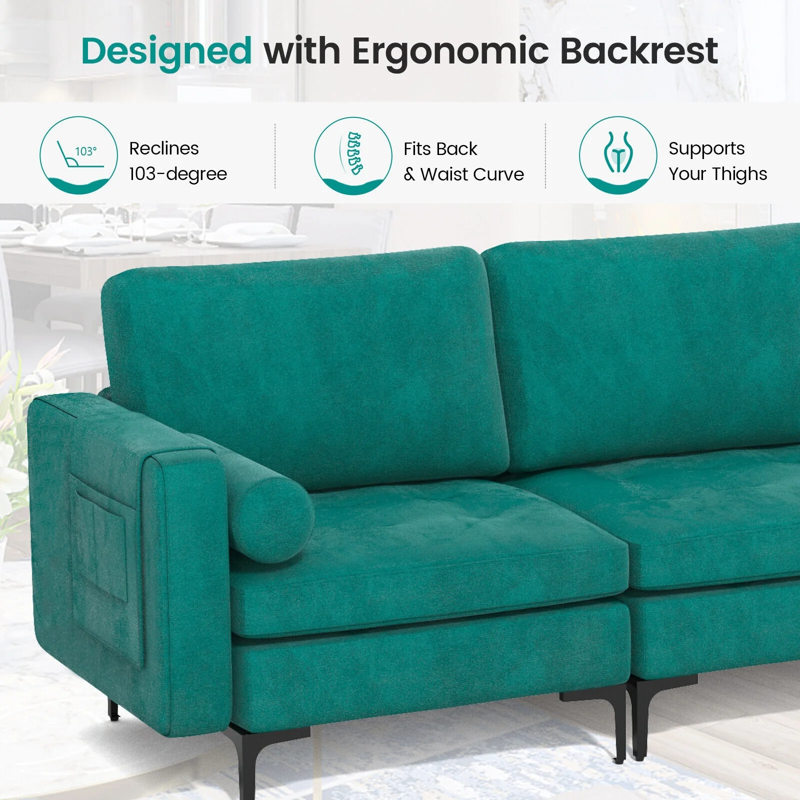 3-Seat Sectional Sofa, Side Storage Pocket, Metal Leg, Teal - Image 6