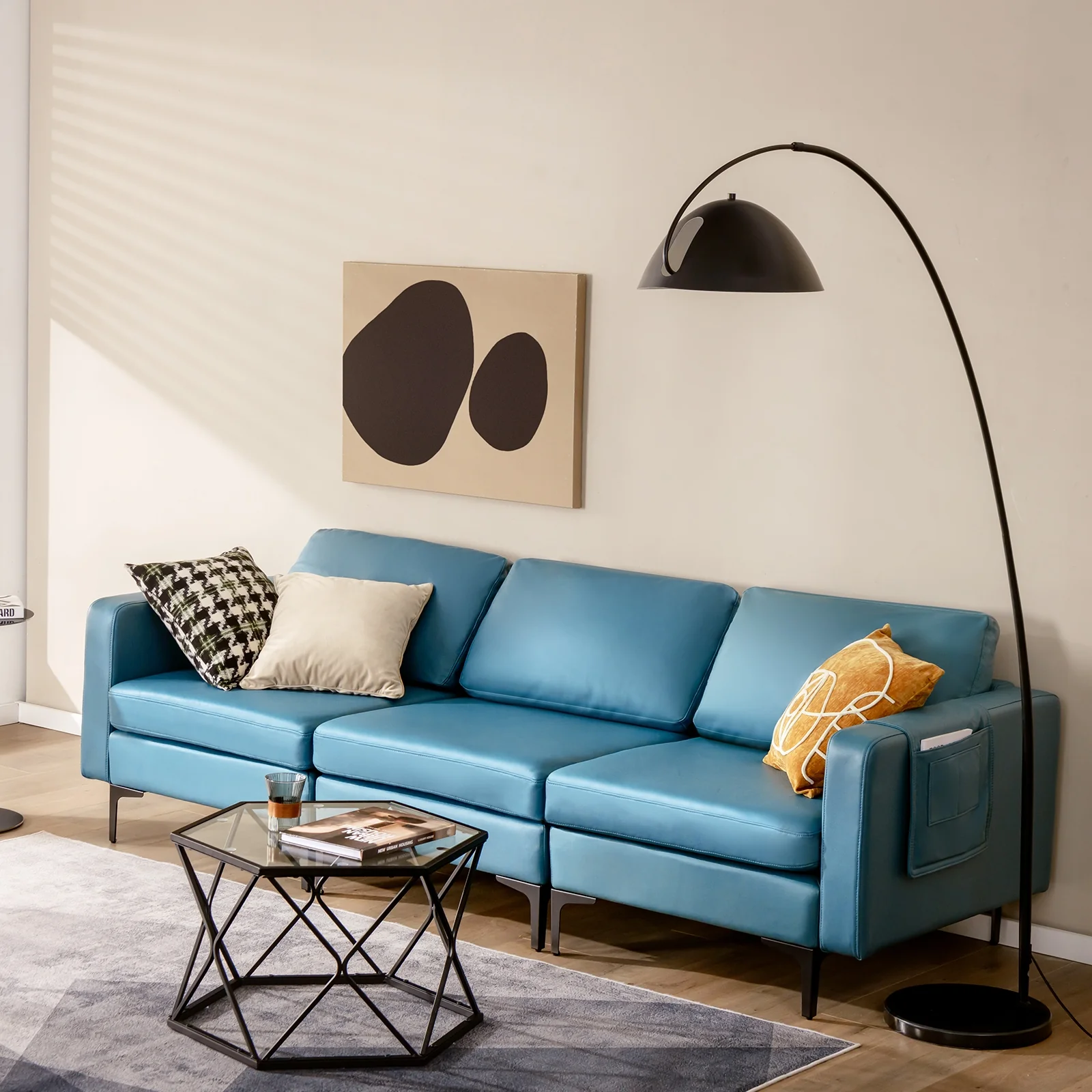 3-Seat Sectional Sofa, With Armrest Magazine Pocket, Metal Leg, Blue - Image 10
