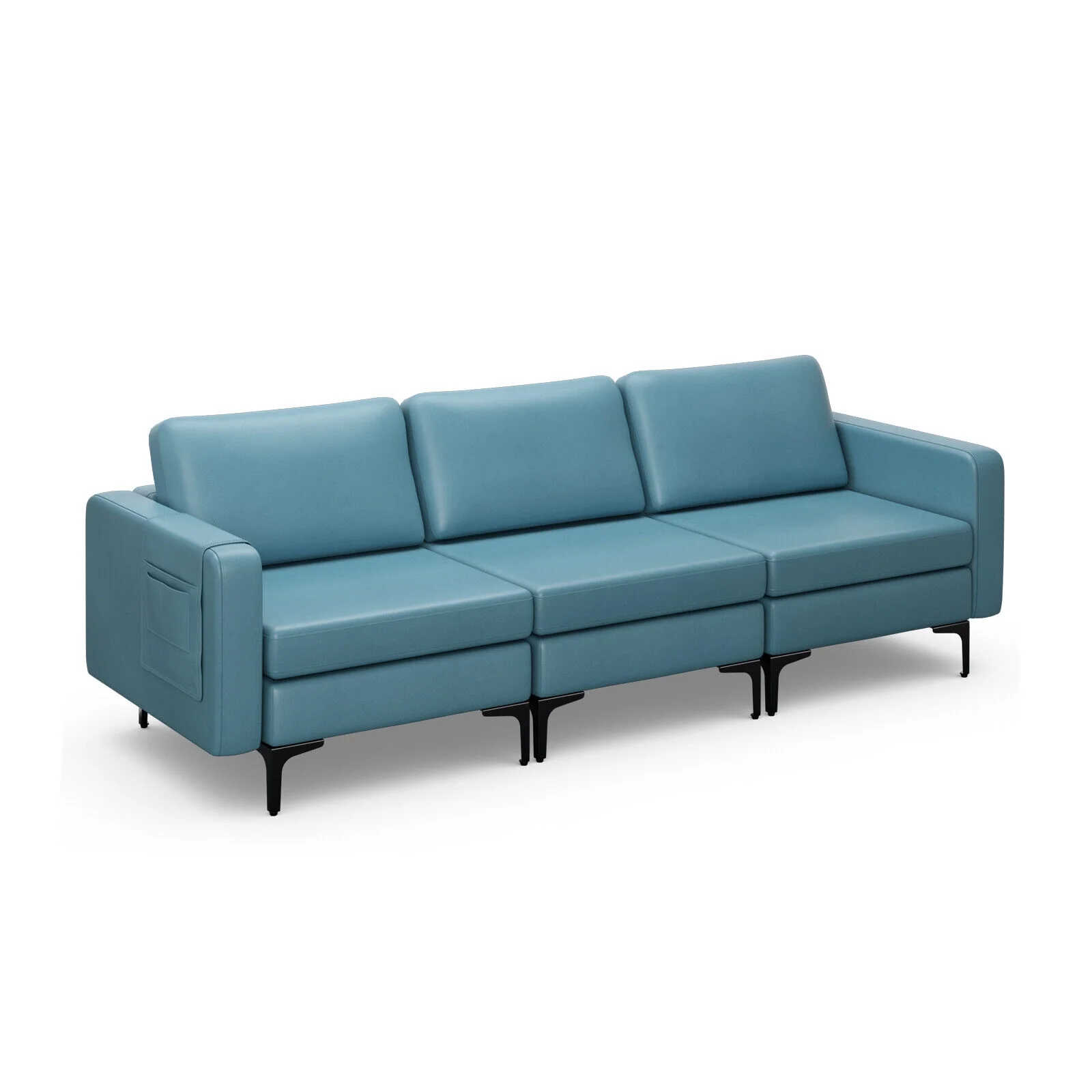 3-Seat Sectional Sofa, With Armrest Magazine Pocket, Metal Leg, Blue - Image 2