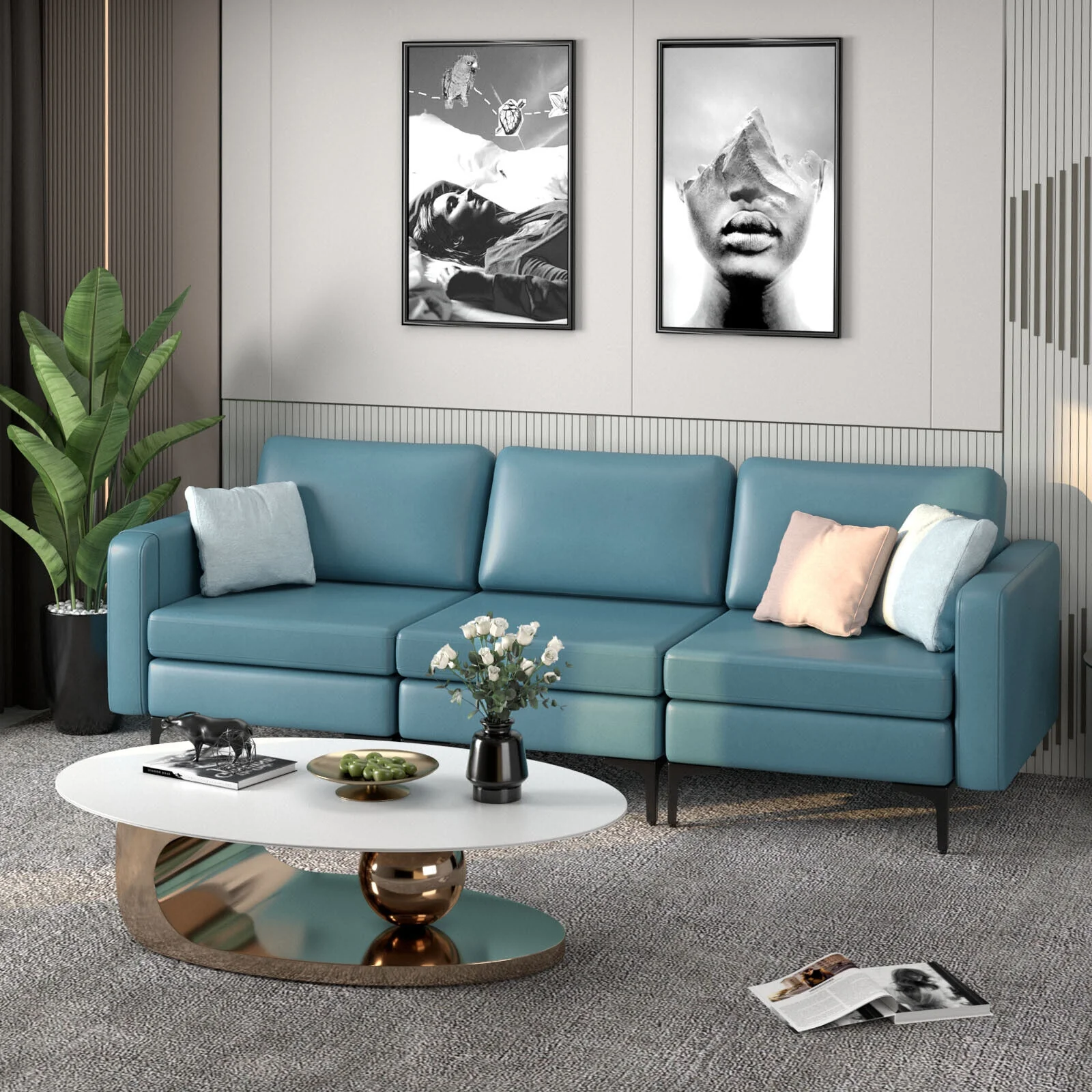 3-Seat Sectional Sofa, With Armrest Magazine Pocket, Metal Leg, Blue - Image 3