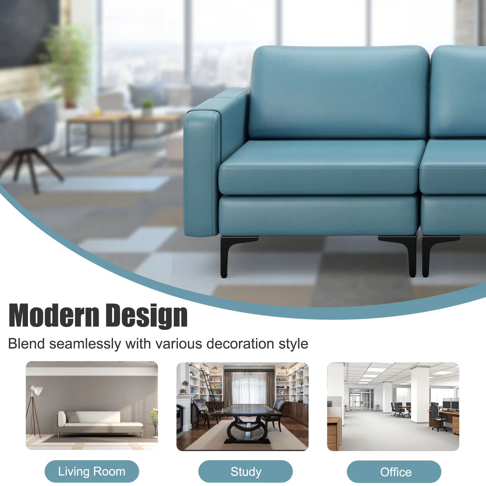 3-Seat Sectional Sofa, With Armrest Magazine Pocket, Metal Leg, Blue - Image 4