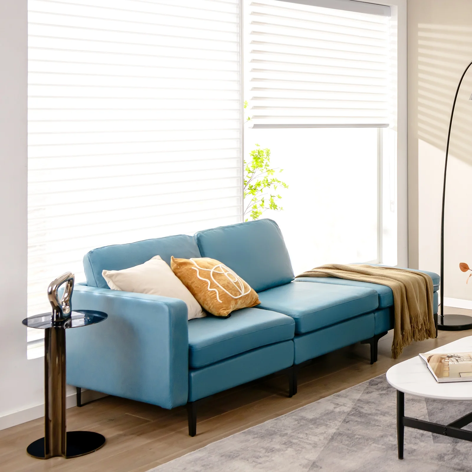 3-Seat Sectional Sofa, With Armrest Magazine Pocket, Metal Leg, Blue - Image 5