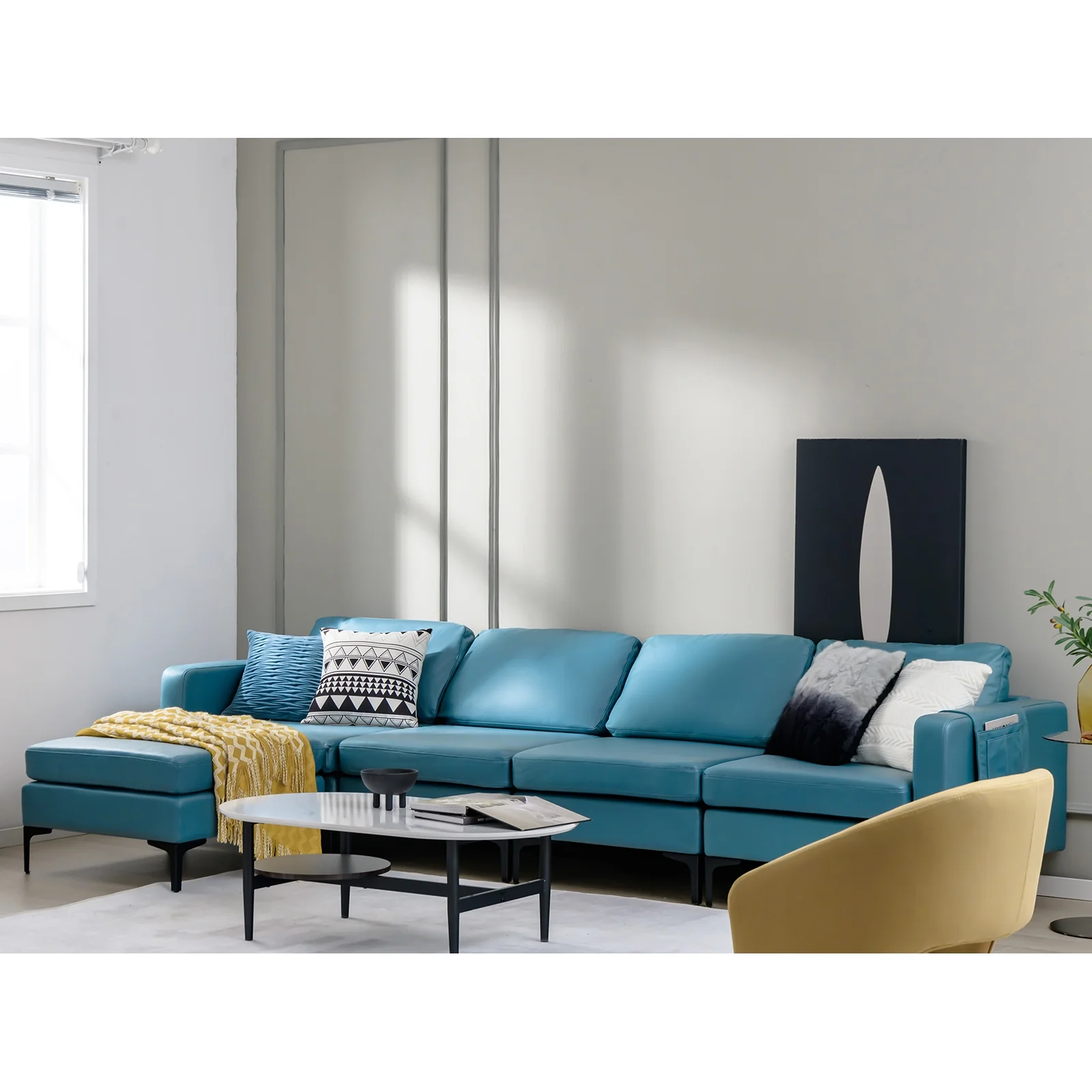 3-Seat Sectional Sofa, With Armrest Magazine Pocket, Metal Leg, Blue - Image 6