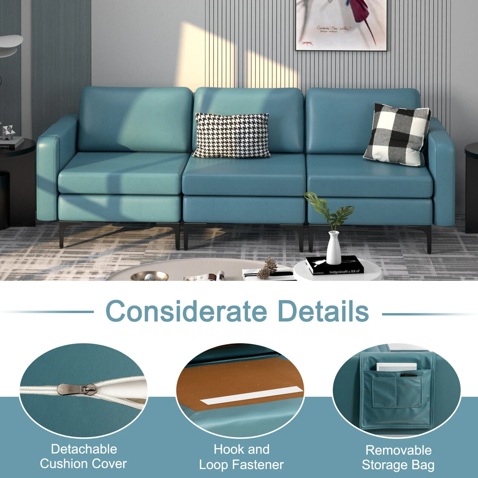 3-Seat Sectional Sofa, With Armrest Magazine Pocket, Metal Leg, Blue - Image 7