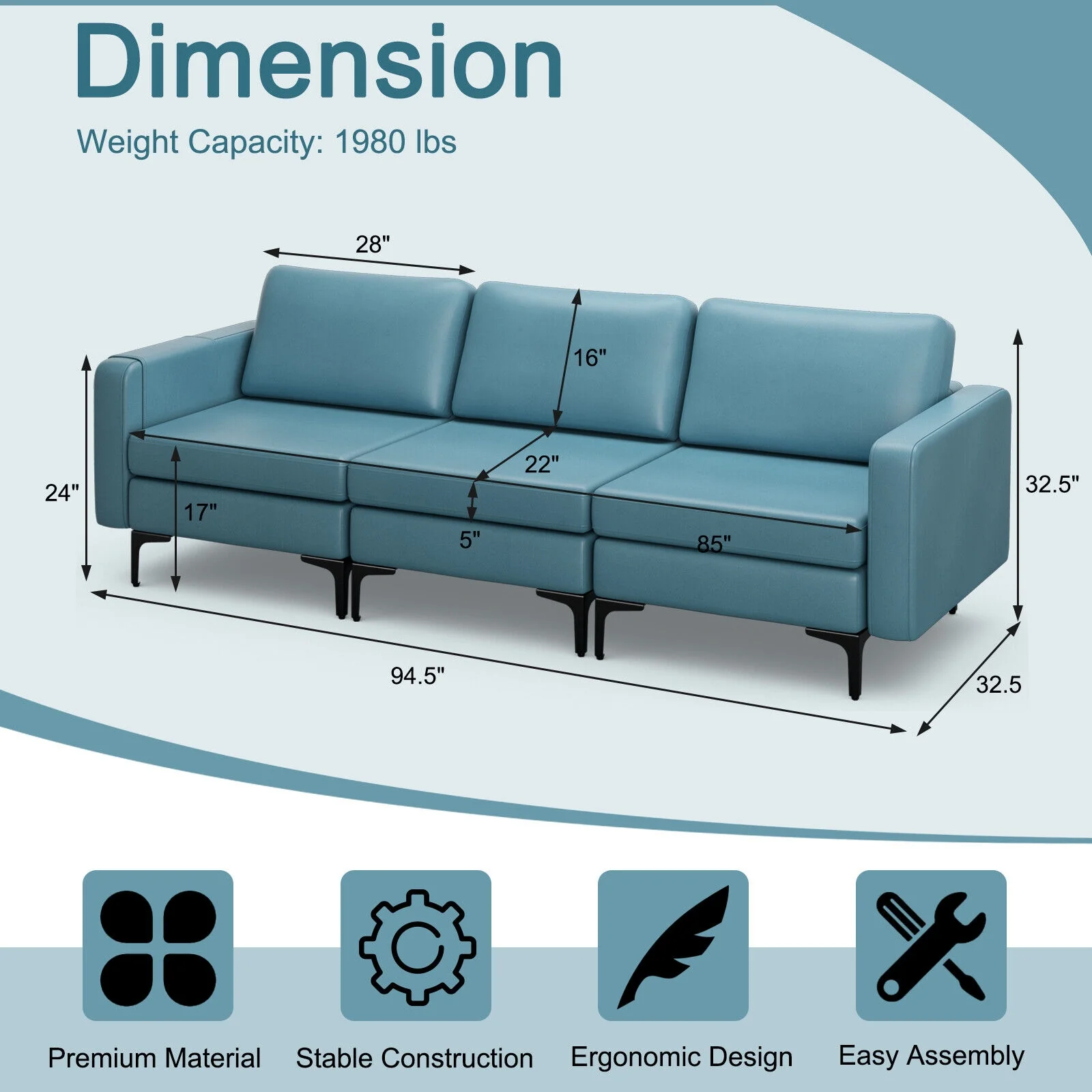 3-Seat Sectional Sofa, With Armrest Magazine Pocket, Metal Leg, Blue - Image 8