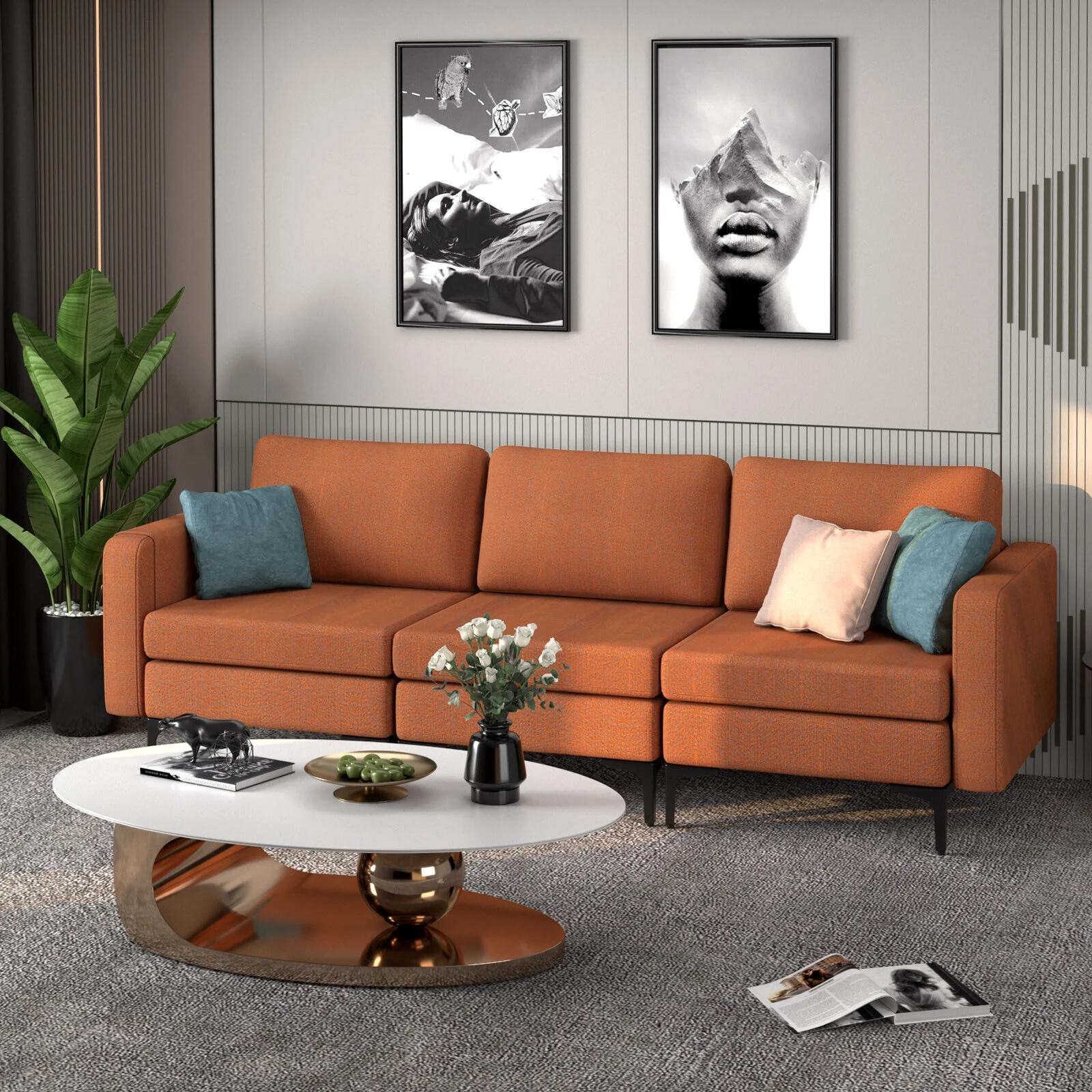 3-Seat Sectional Sofa With Armrest Pocket, Orange - Image 10