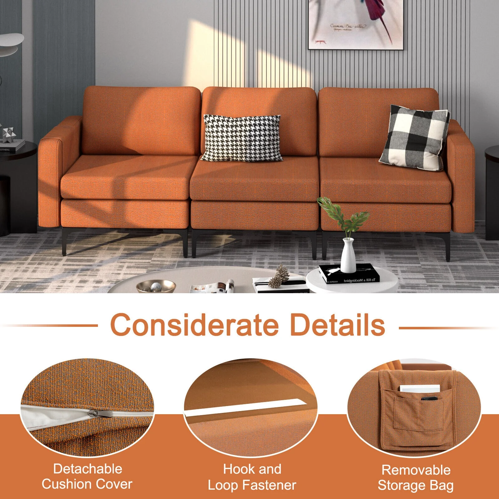 3-Seat Sectional Sofa With Armrest Pocket, Orange - Image 7