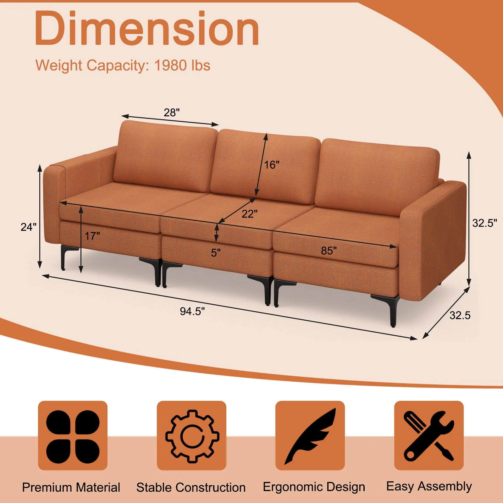 3-Seat Sectional Sofa With Armrest Pocket, Orange - Image 8