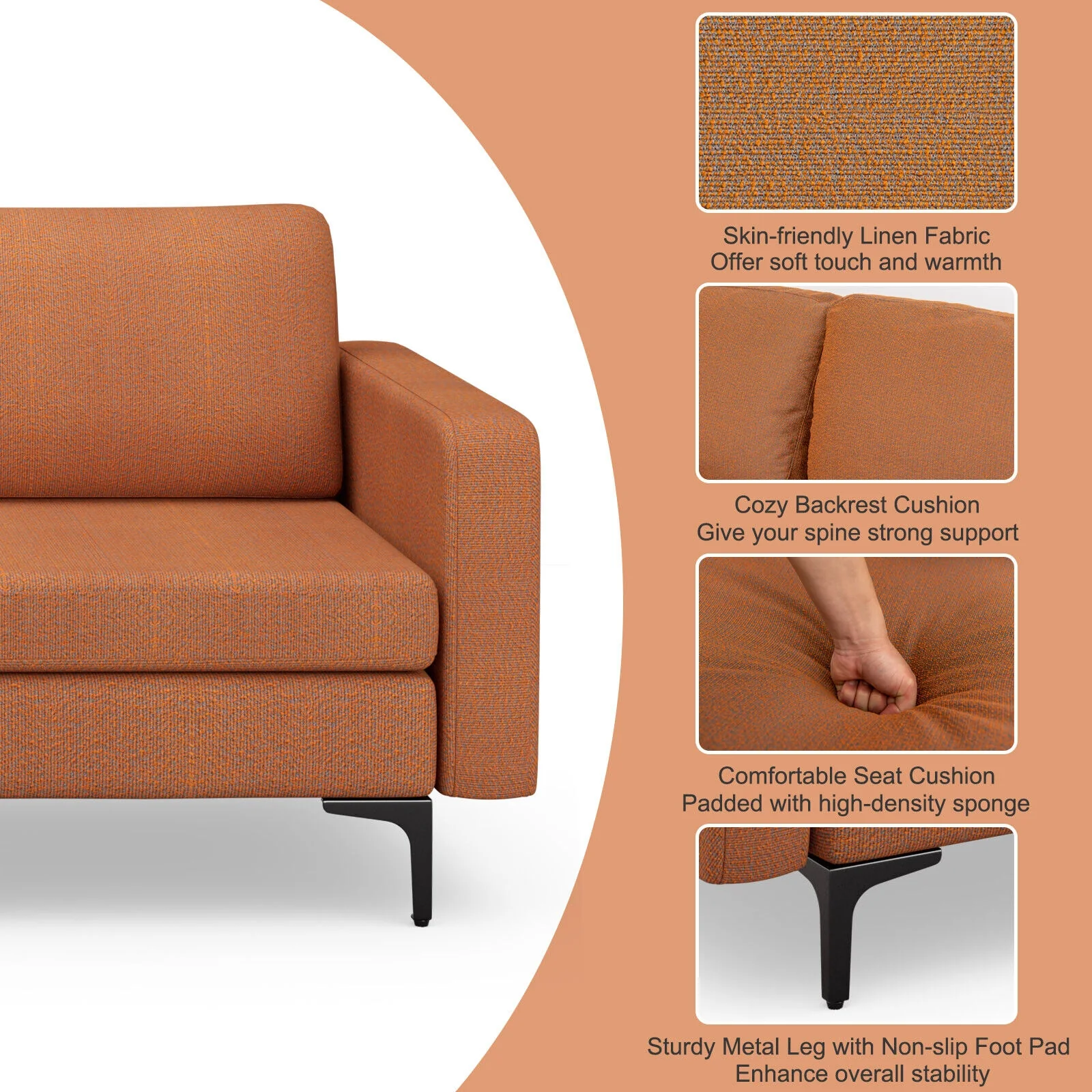3-Seat Sectional Sofa With Armrest Pocket, Orange - Image 9