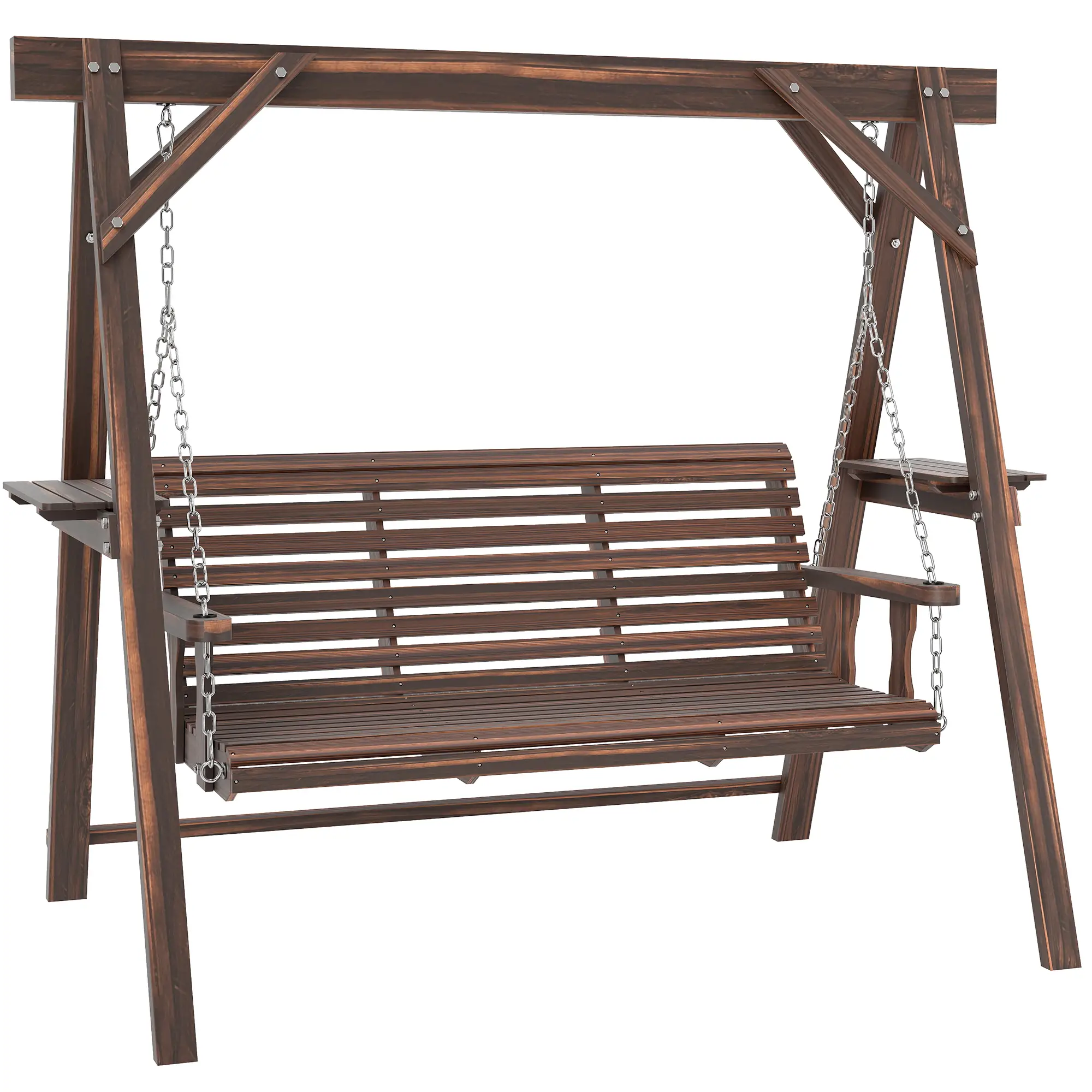 3 Seat Wooden Porch Swing With Stand, Carbonized Brown