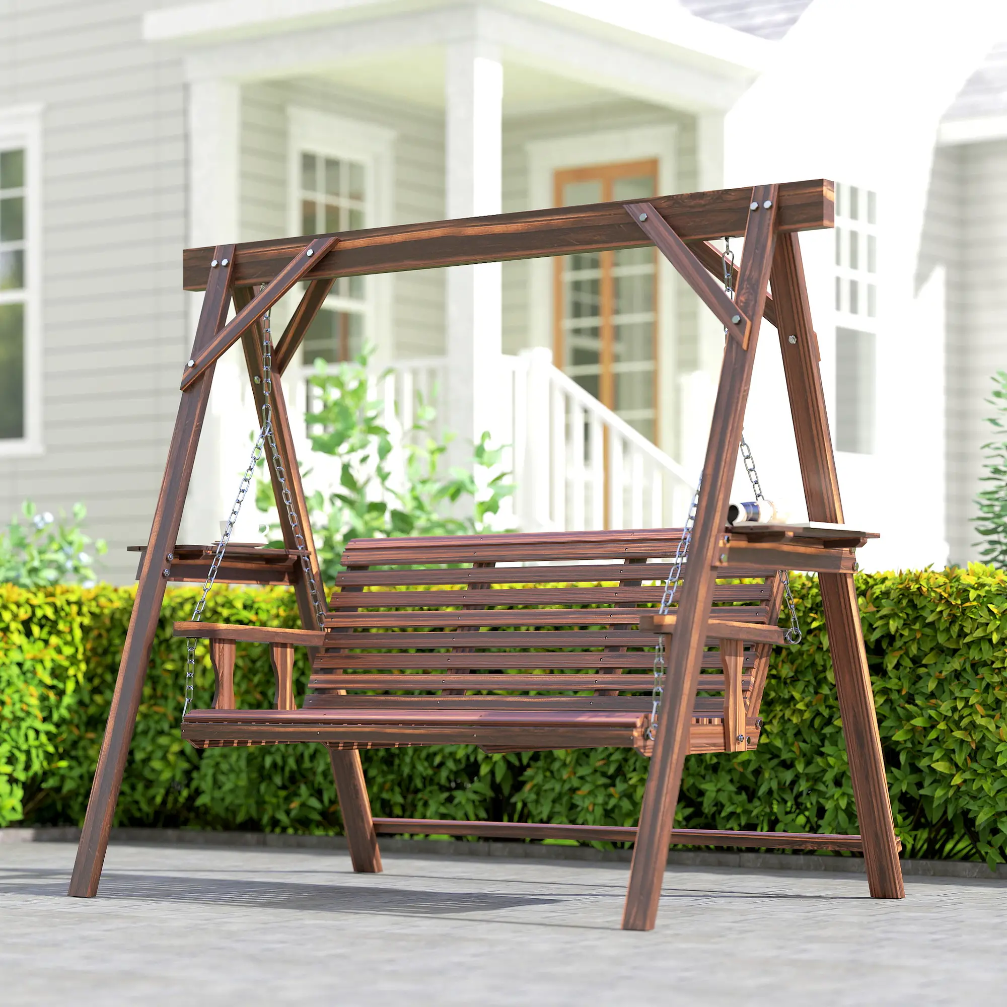 3 Seat Wooden Porch Swing With Stand, Carbonized Brown - Image 10