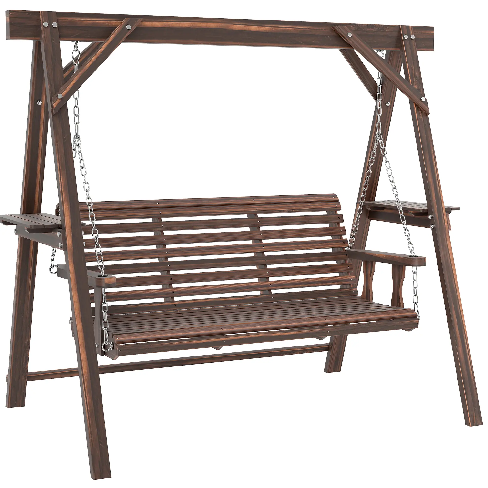 3 Seat Wooden Porch Swing With Stand, Carbonized Brown - Image 11