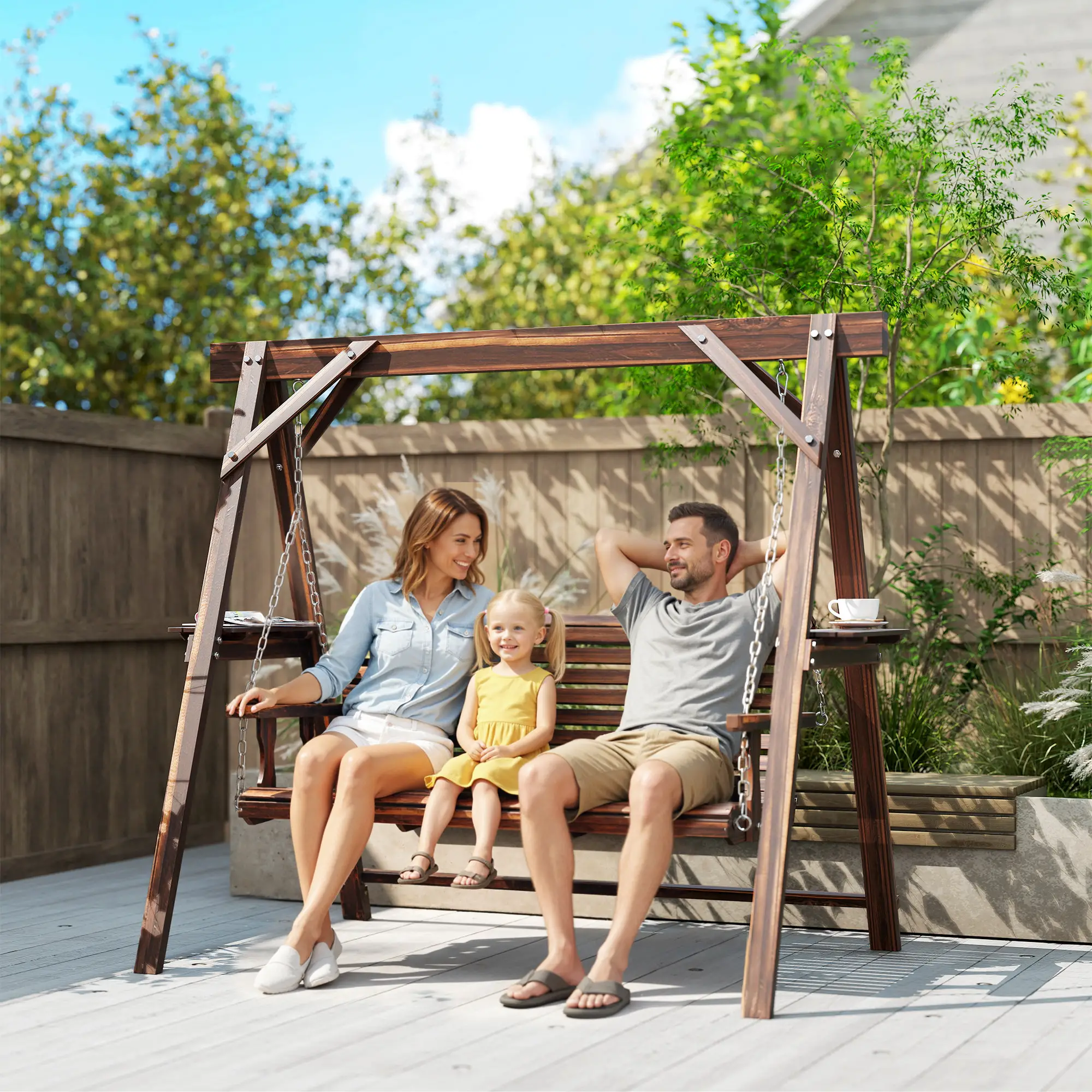 3 Seat Wooden Porch Swing With Stand, Carbonized Brown - Image 2