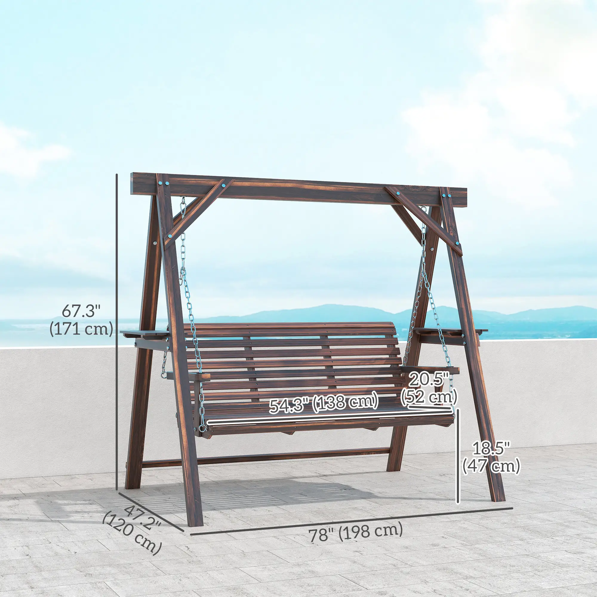 3 Seat Wooden Porch Swing With Stand, Carbonized Brown - Image 3