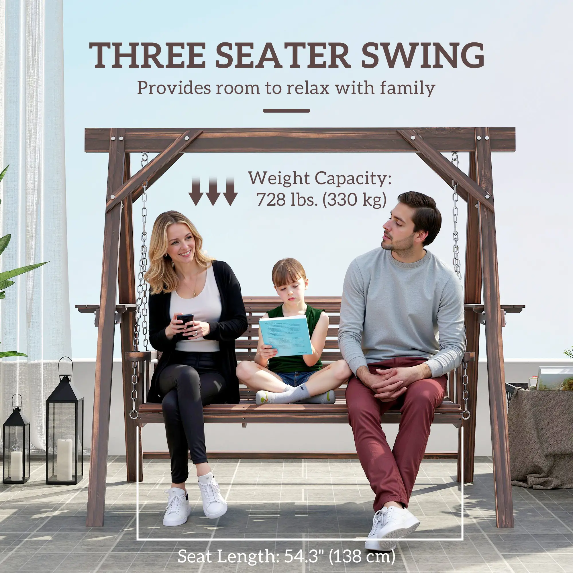 3 Seat Wooden Porch Swing With Stand, Carbonized Brown - Image 4