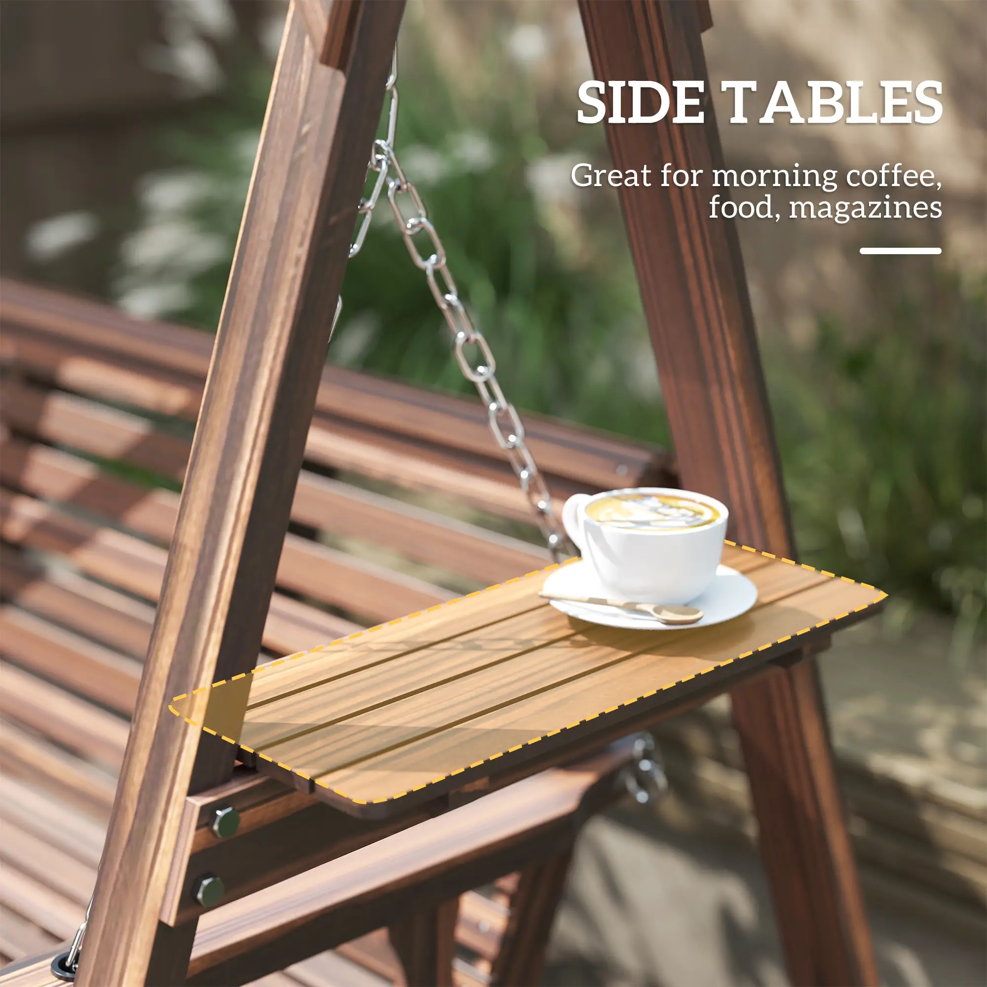 3 Seat Wooden Porch Swing With Stand, Carbonized Brown - Image 5