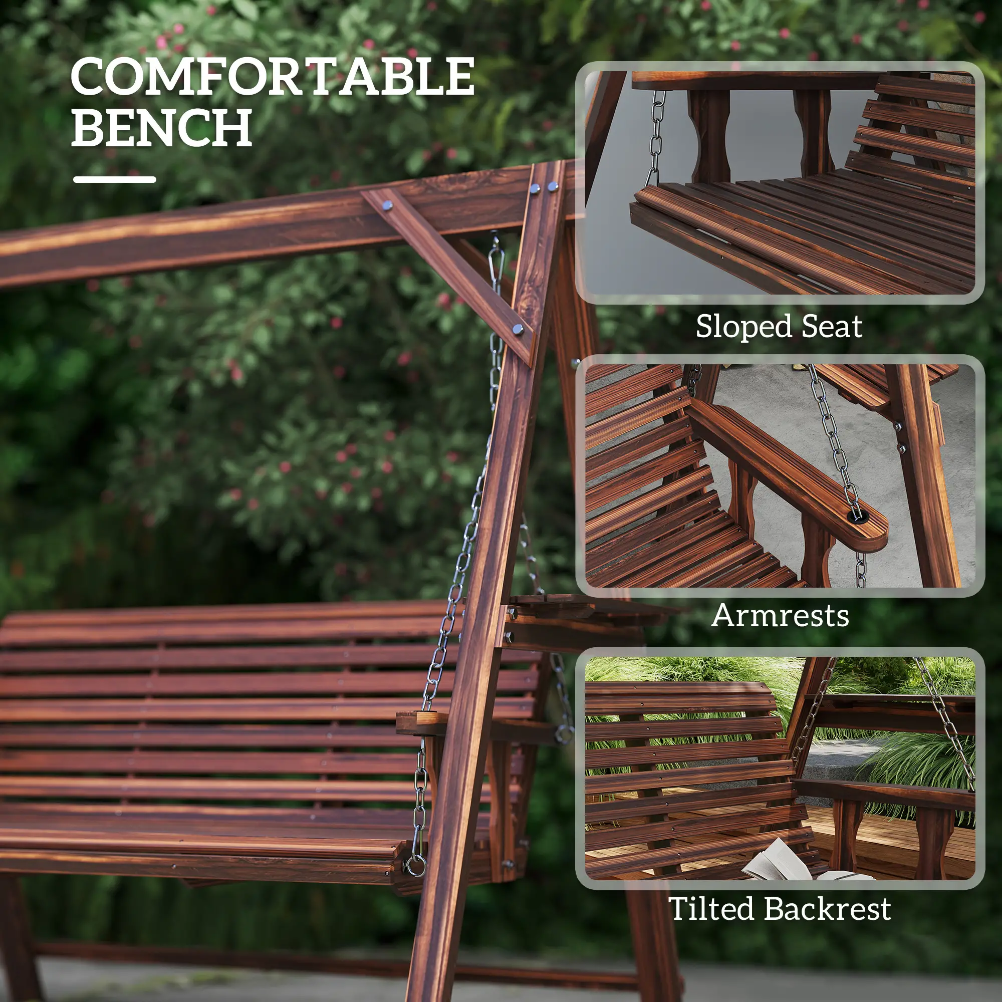 3 Seat Wooden Porch Swing With Stand, Carbonized Brown - Image 7