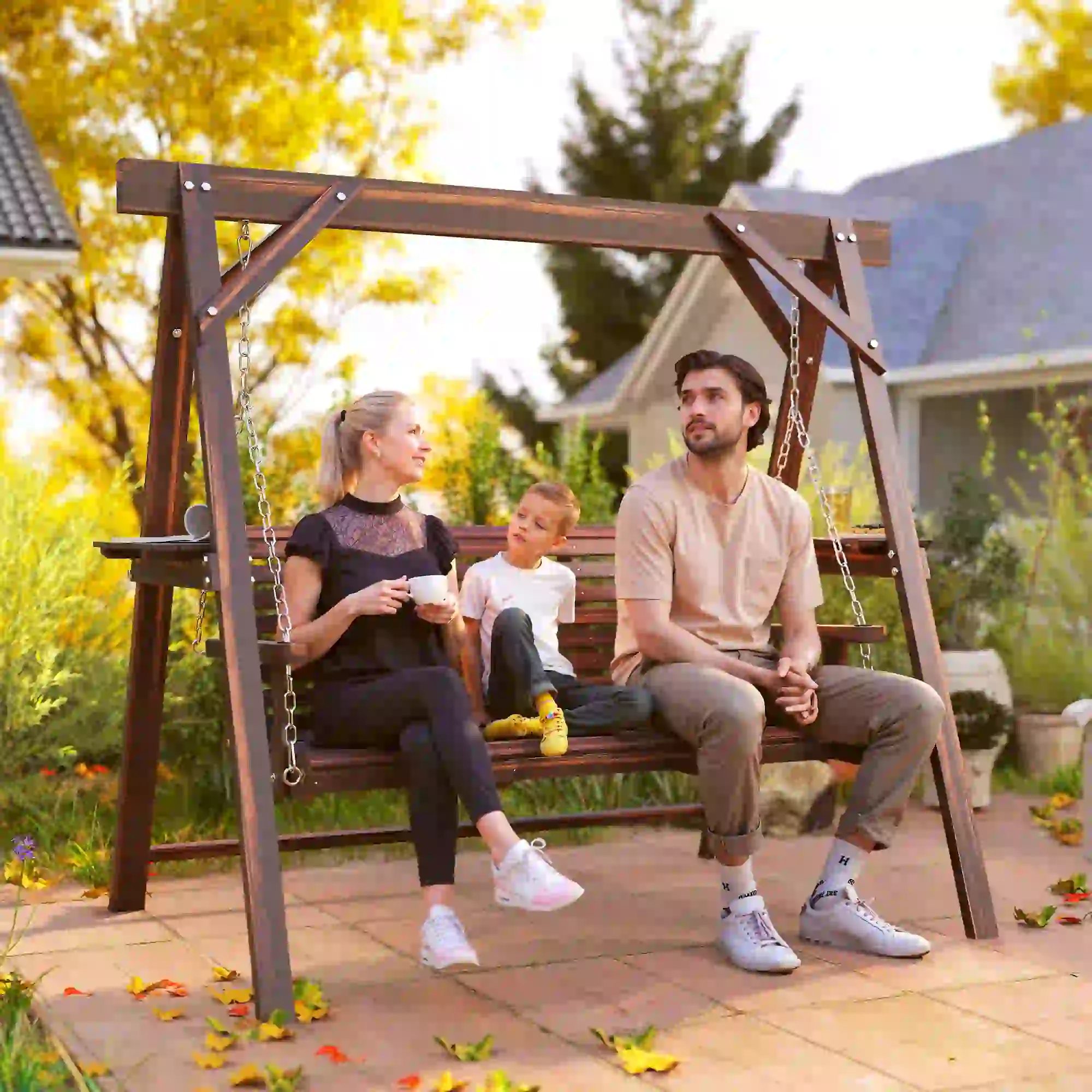 3 Seat Wooden Porch Swing With Stand, Carbonized Brown - Image 8