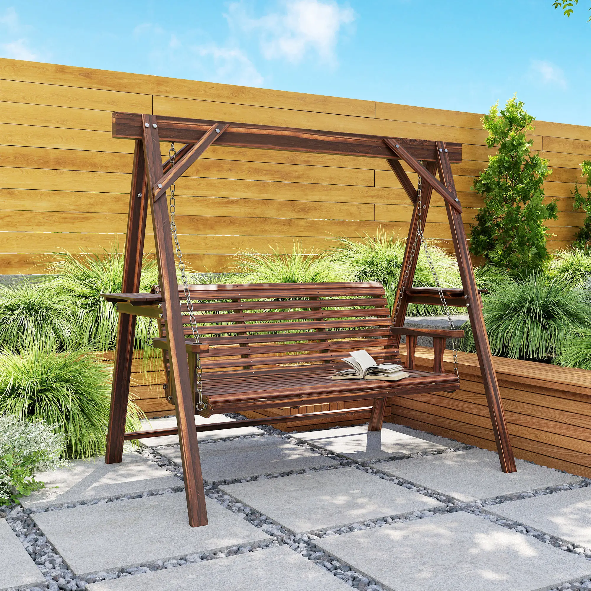 3 Seat Wooden Porch Swing With Stand, Carbonized Brown - Image 9