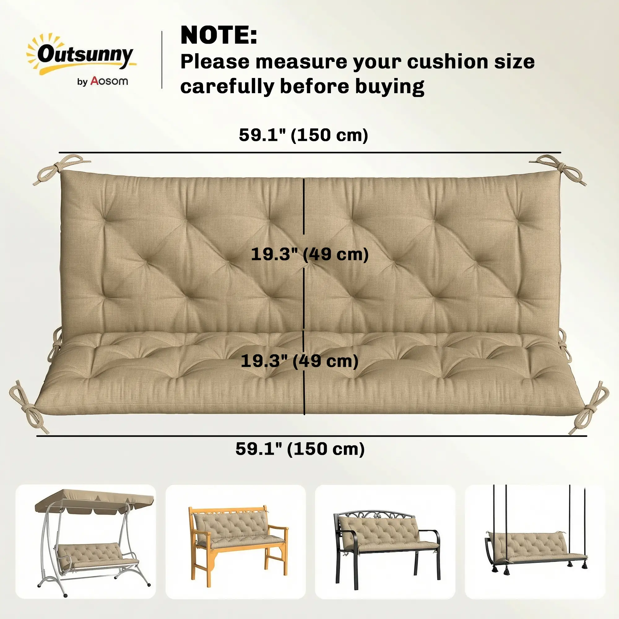 3-Seater Bench Swing Replacement Cushions, Patio Garden, Beige - Image 3