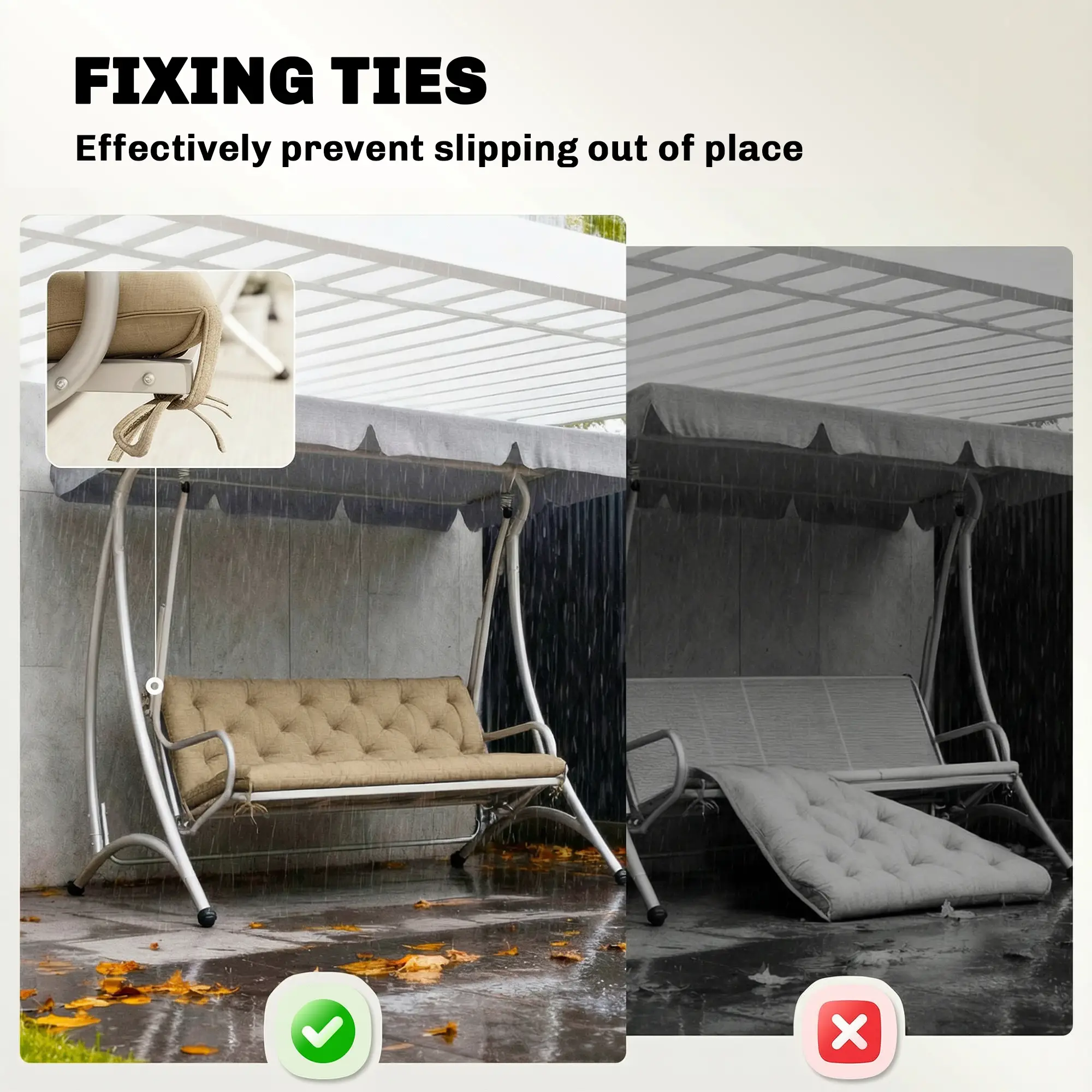3-Seater Bench Swing Replacement Cushions, Patio Garden, Beige - Image 6
