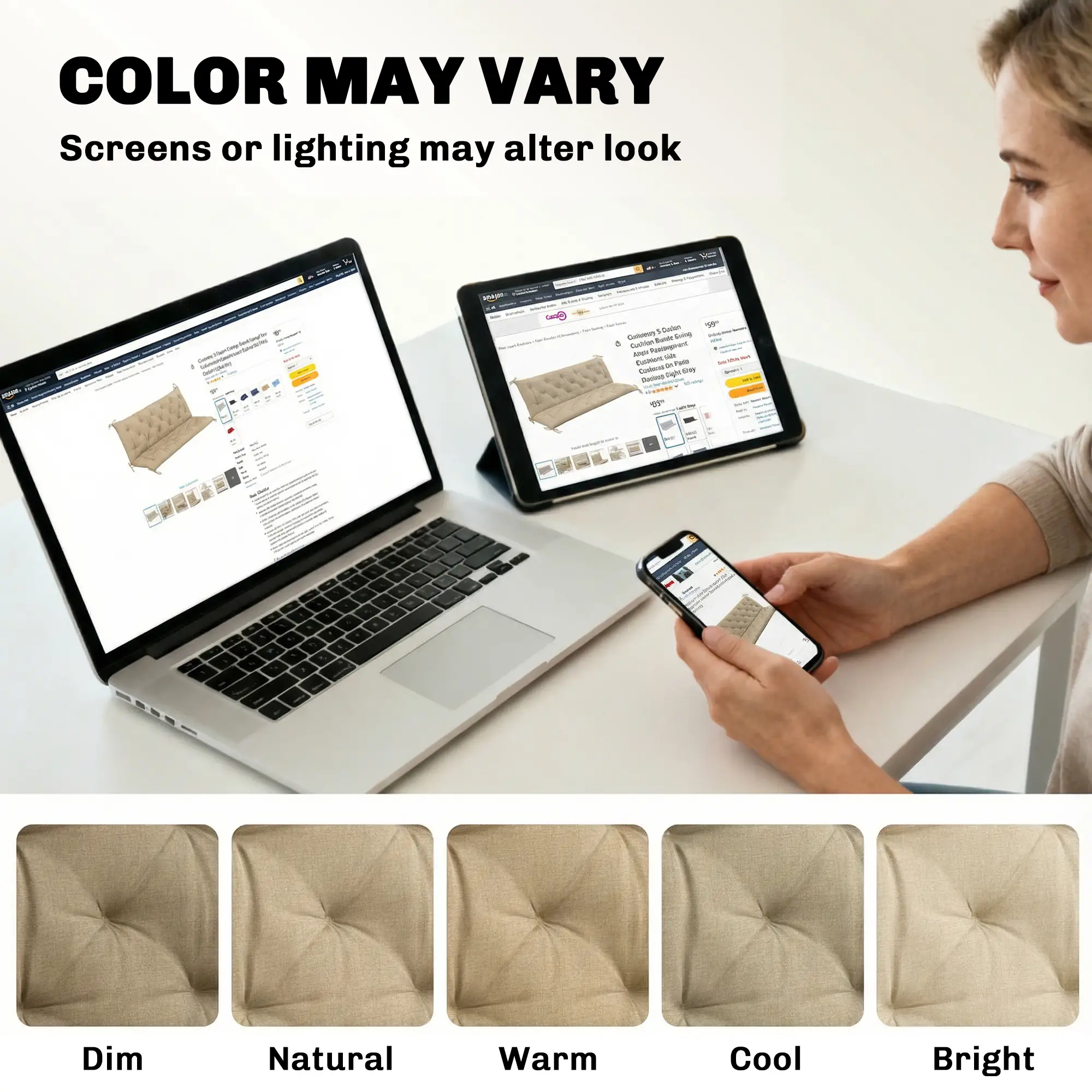 3-Seater Bench Swing Replacement Cushions, Patio Garden, Beige - Image 7