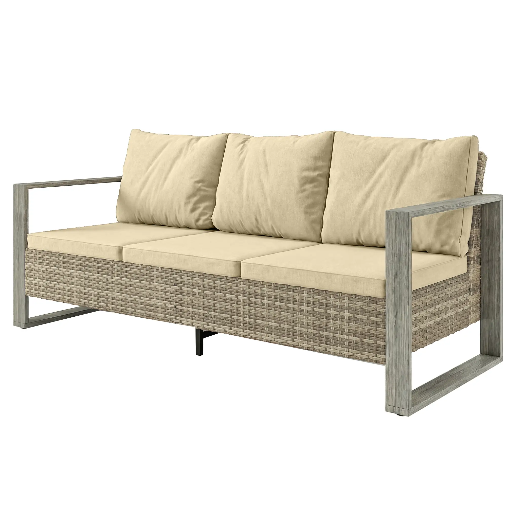 3-Seater Outdoor Couch, PE Wicker Patio Sofa, Khaki