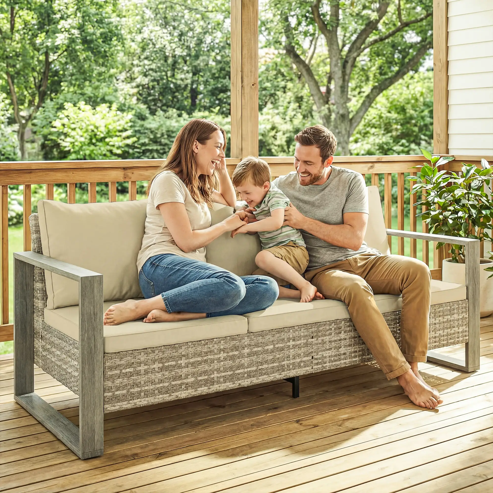 3-Seater Outdoor Couch, PE Wicker Patio Sofa, Khaki - Image 10