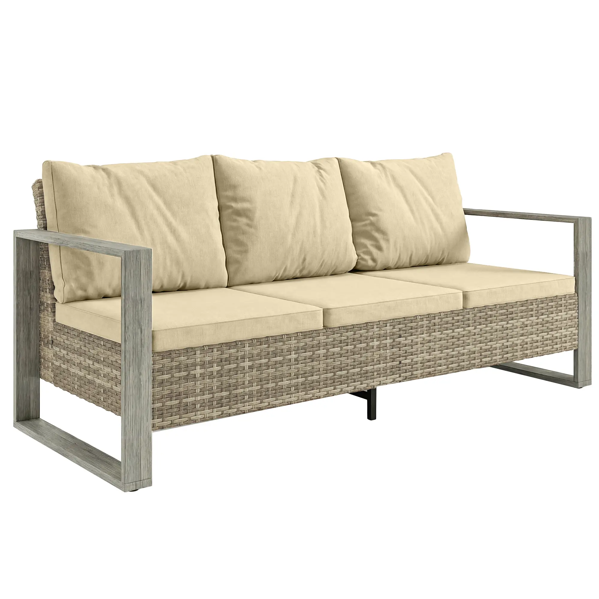 3-Seater Outdoor Couch, PE Wicker Patio Sofa, Khaki - Image 11