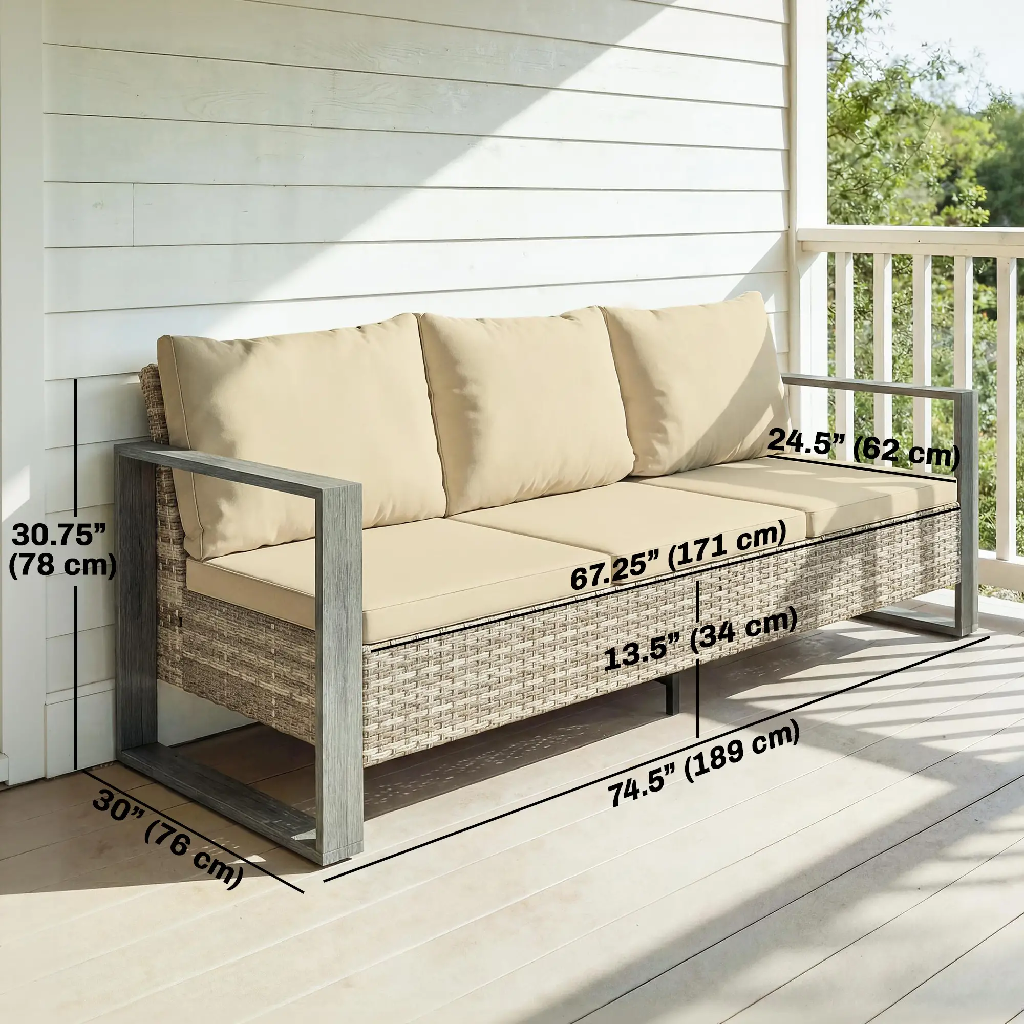 3-Seater Outdoor Couch, PE Wicker Patio Sofa, Khaki - Image 3