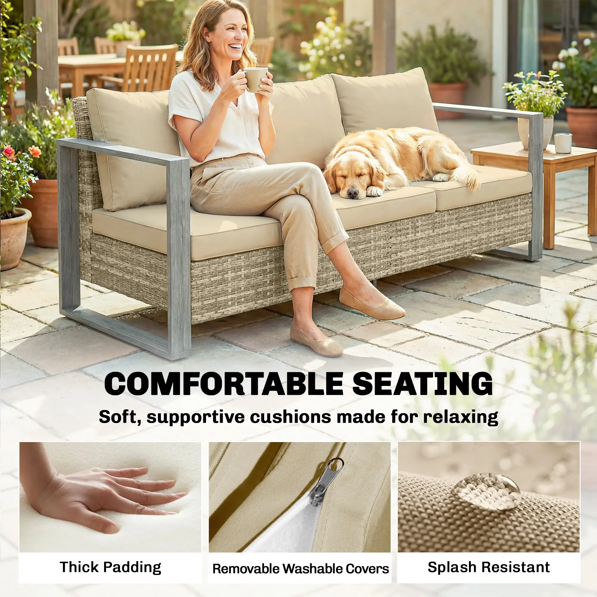 3-Seater Outdoor Couch, PE Wicker Patio Sofa, Khaki - Image 7