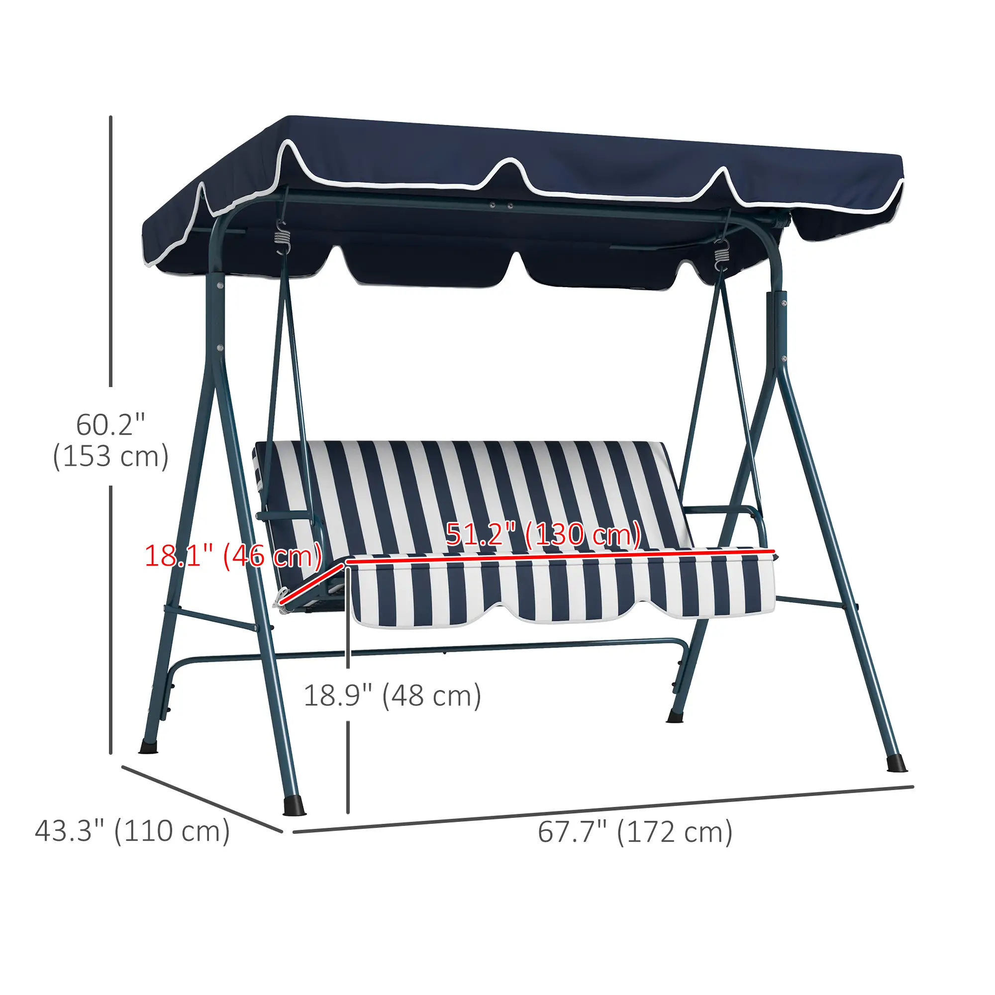 3-Seater Outdoor Porch Swing, Adjustable Canopy, and White, Blue - Image 3