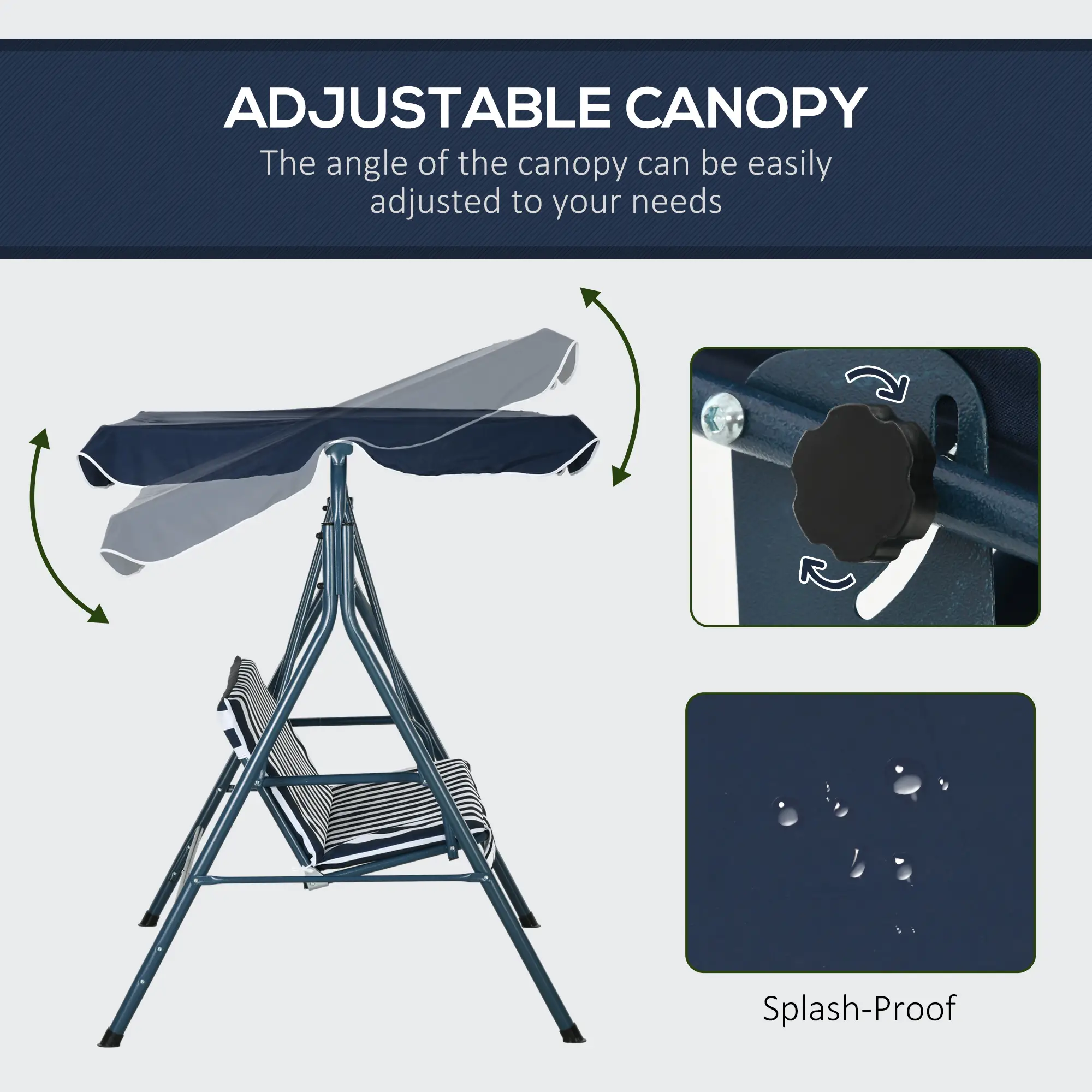 3-Seater Outdoor Porch Swing, Adjustable Canopy, and White, Blue - Image 5