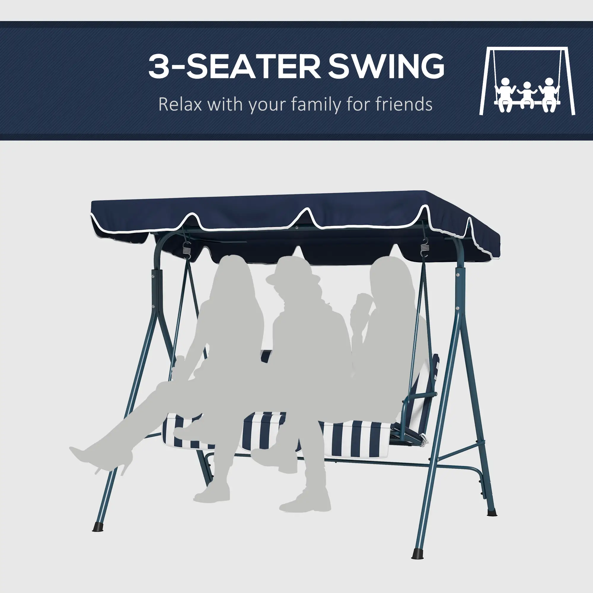3-Seater Outdoor Porch Swing, Adjustable Canopy, and White, Blue - Image 7