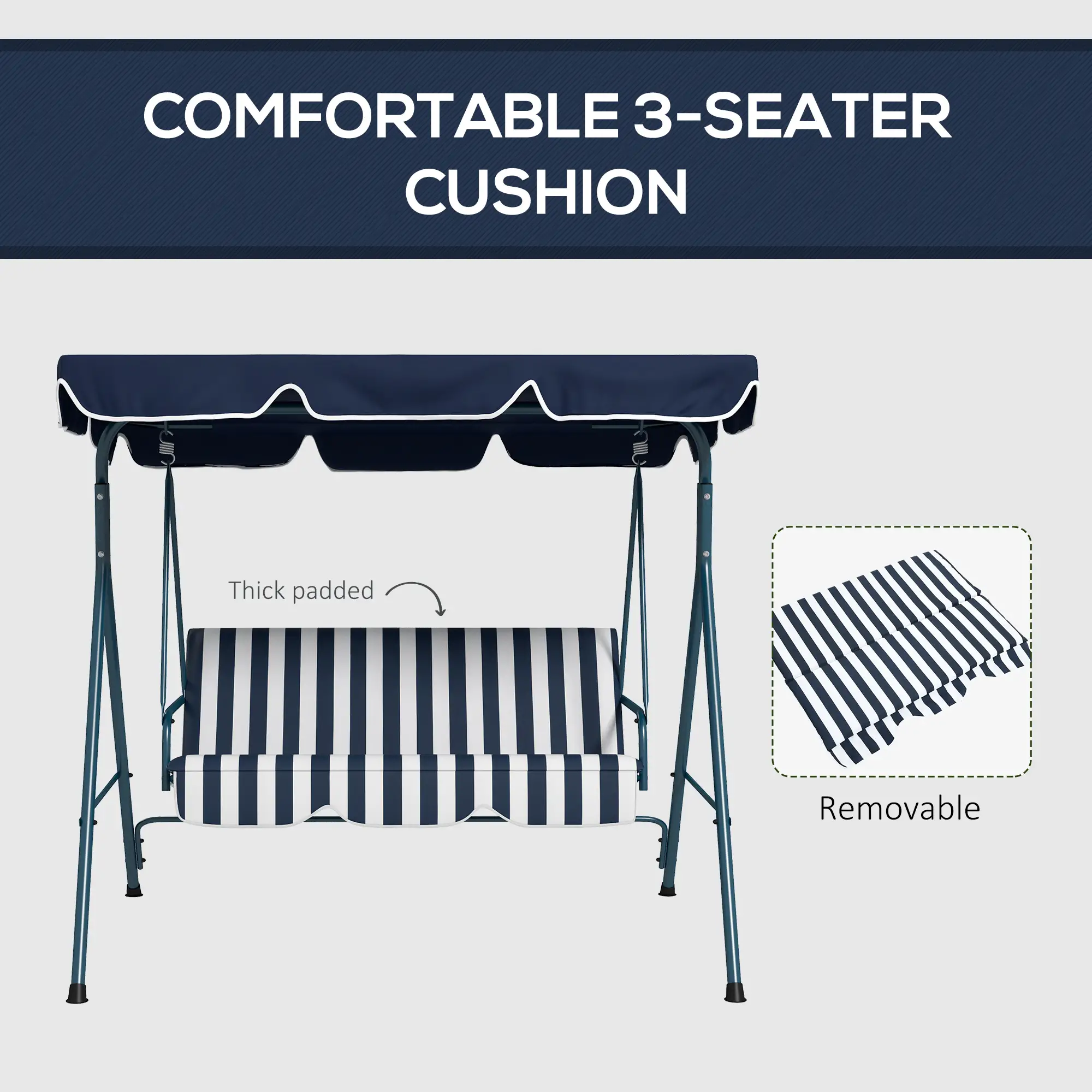 3-Seater Outdoor Porch Swing, Adjustable Canopy, and White, Blue - Image 8