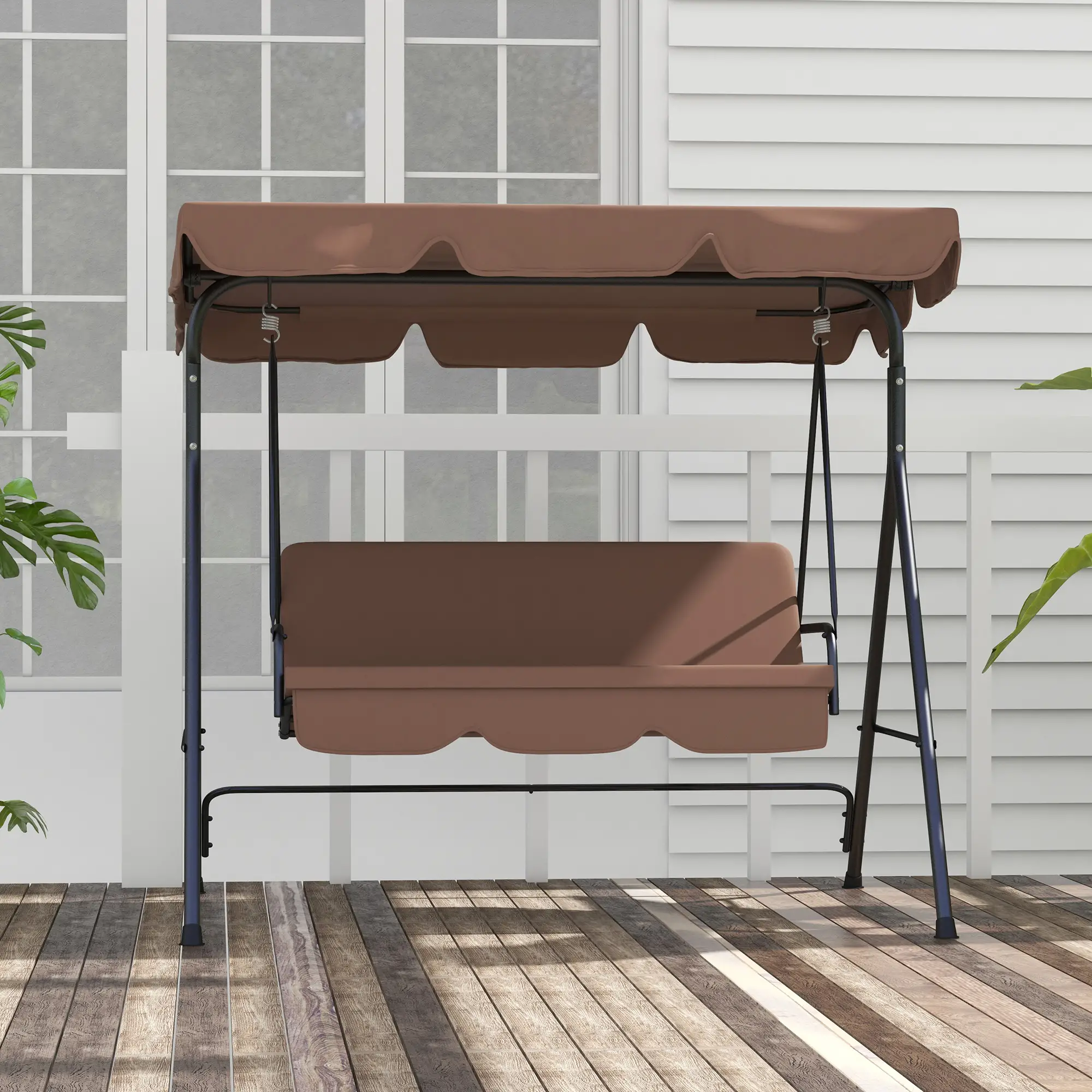 3-Seater Outdoor Porch Swing, Adjustable Canopy, Brown - Image 10