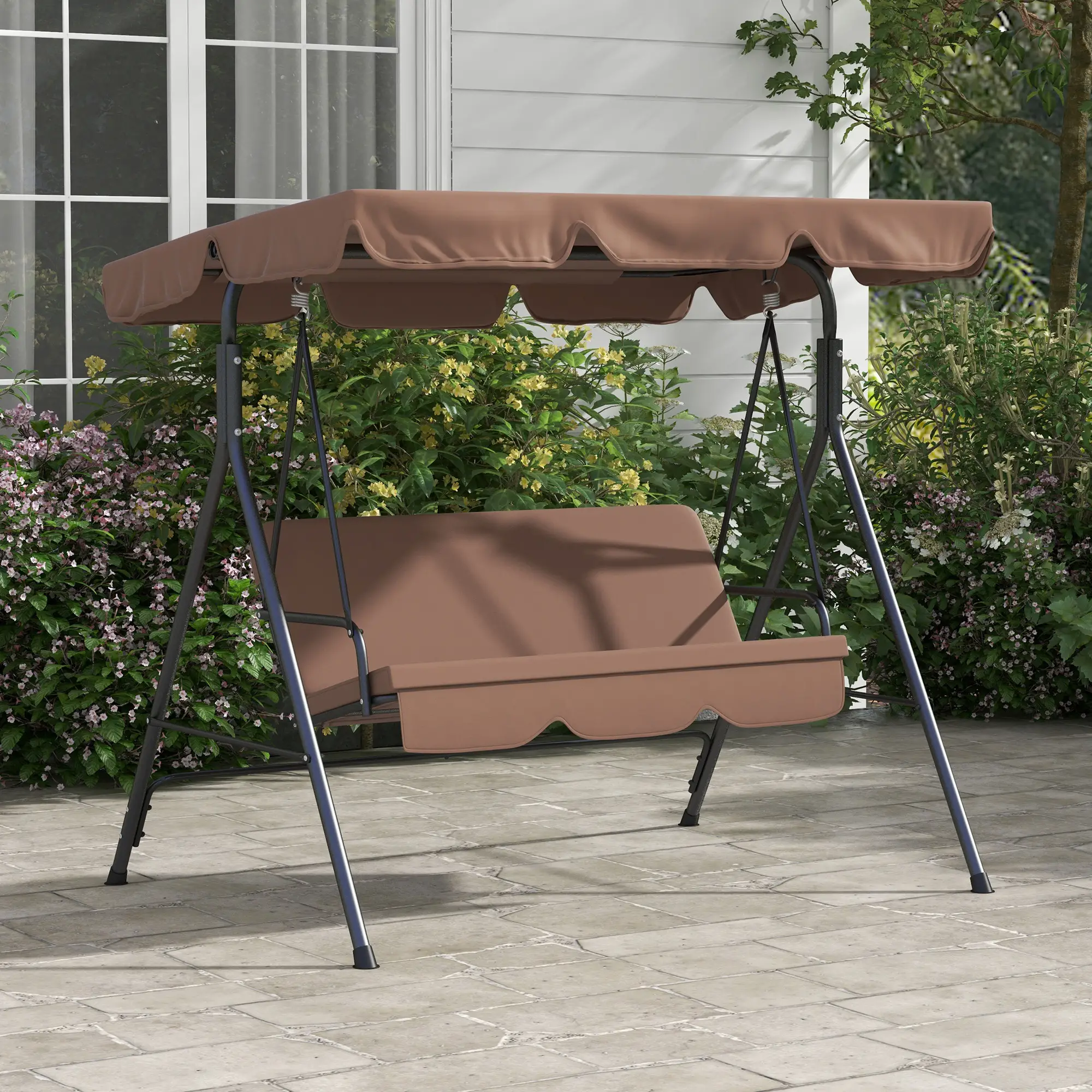 3-Seater Outdoor Porch Swing, Adjustable Canopy, Brown - Image 2