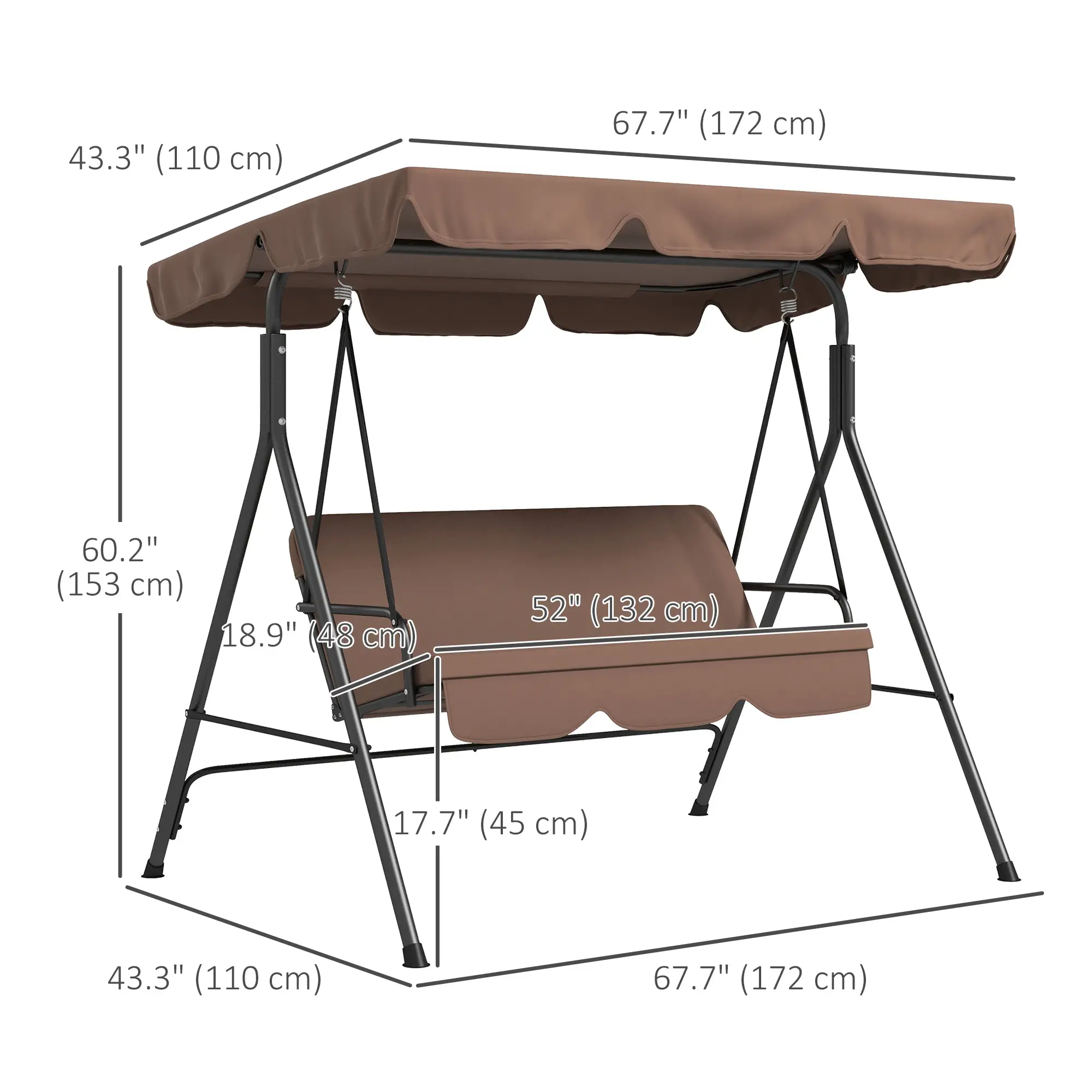 3-Seater Outdoor Porch Swing, Adjustable Canopy, Brown - Image 3