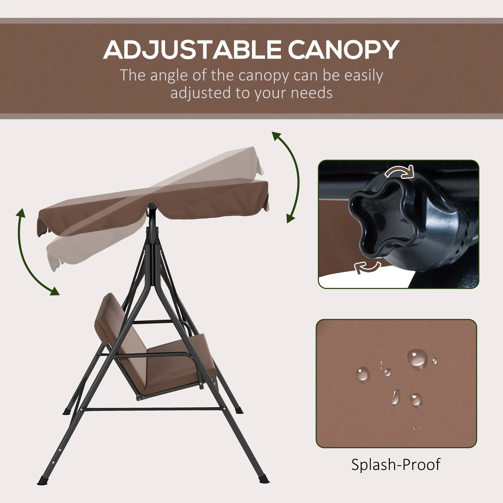 3-Seater Outdoor Porch Swing, Adjustable Canopy, Brown - Image 5