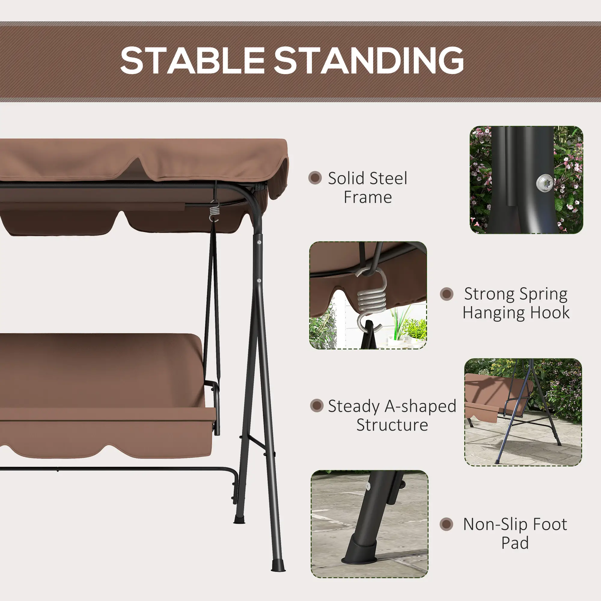 3-Seater Outdoor Porch Swing, Adjustable Canopy, Brown - Image 6