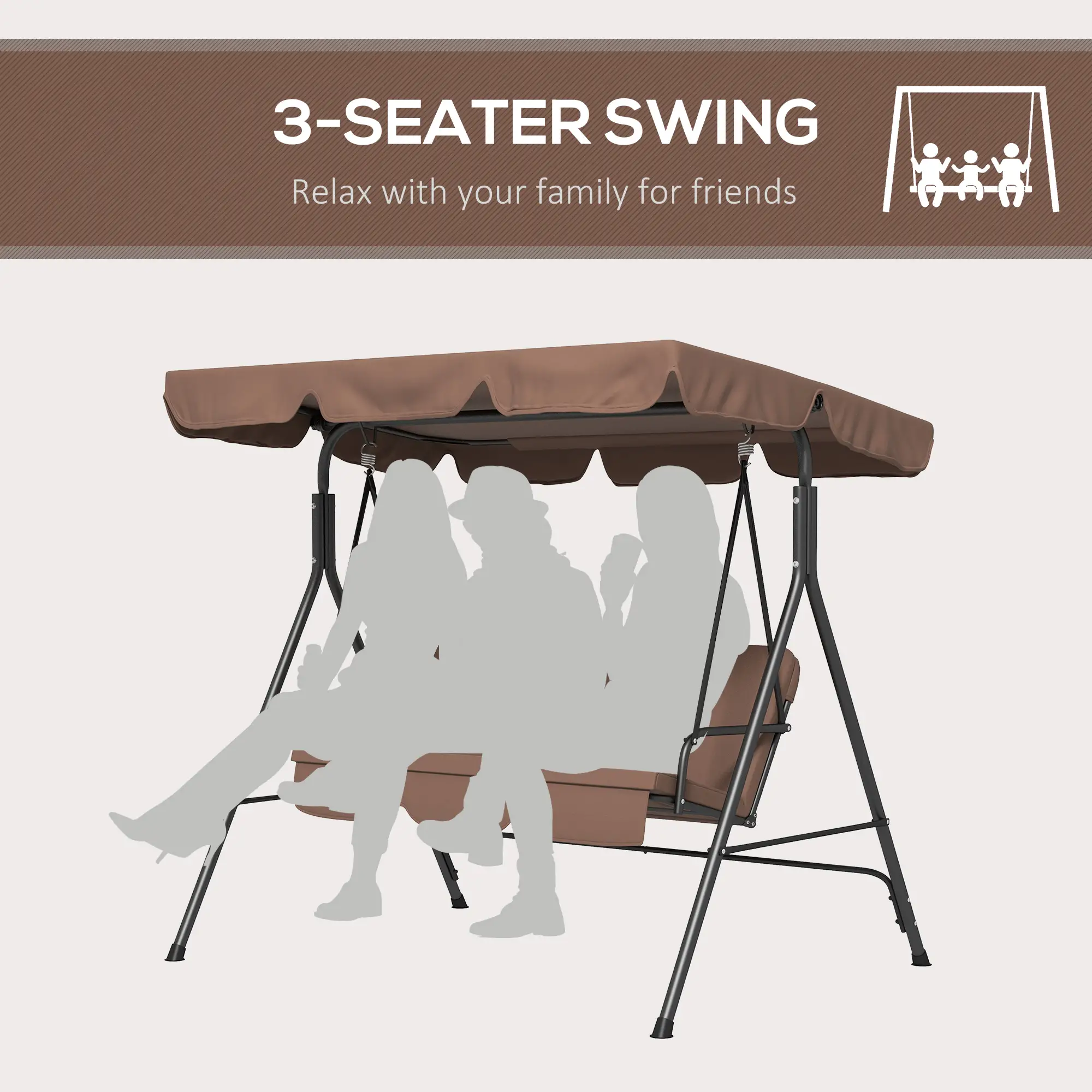 3-Seater Outdoor Porch Swing, Adjustable Canopy, Brown - Image 7