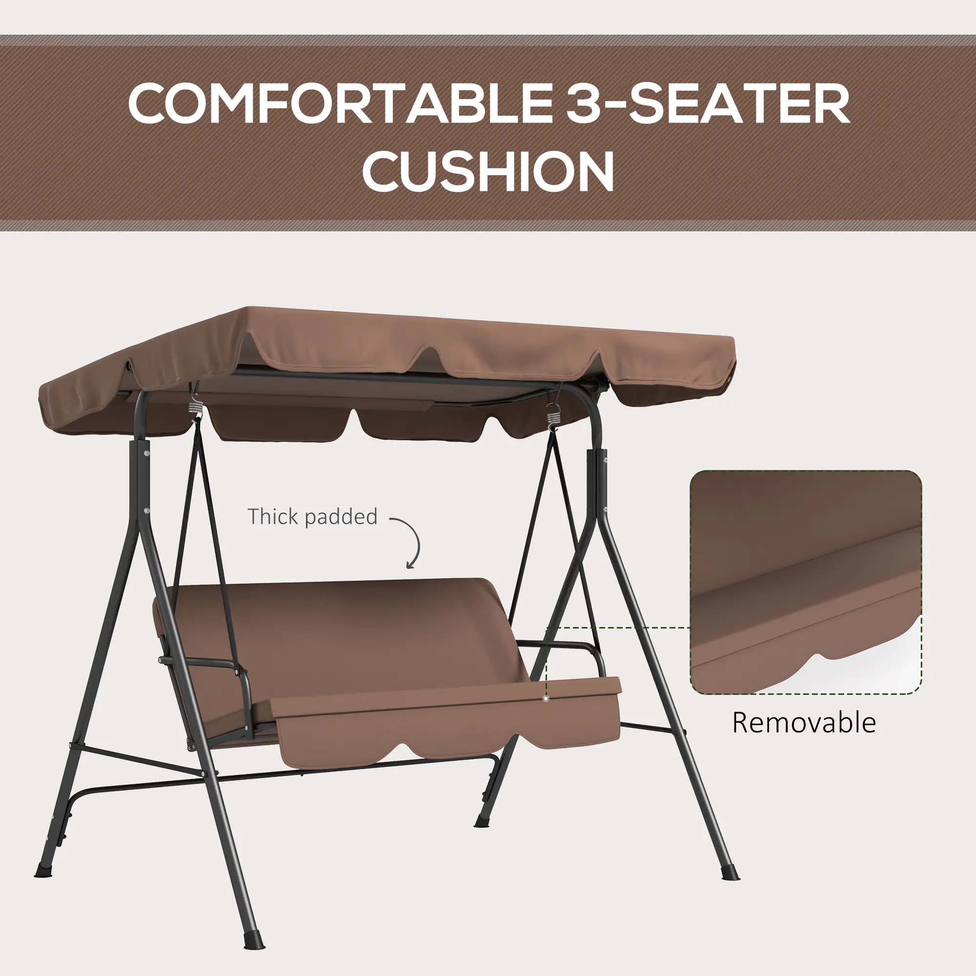 3-Seater Outdoor Porch Swing, Adjustable Canopy, Brown - Image 8