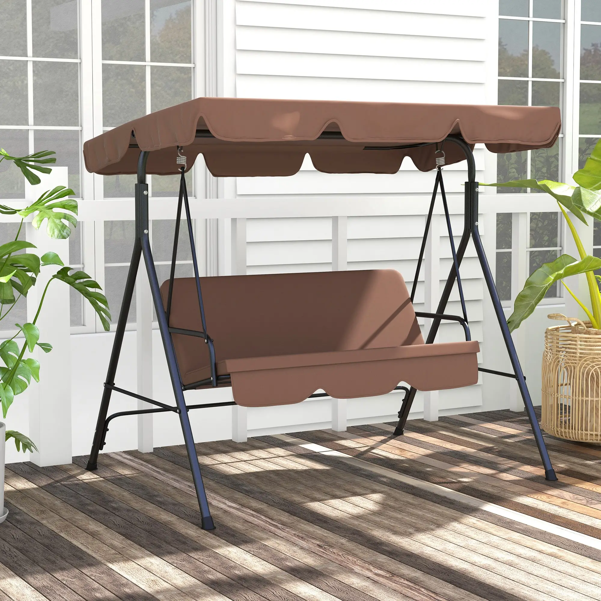 3-Seater Outdoor Porch Swing, Adjustable Canopy, Brown - Image 9