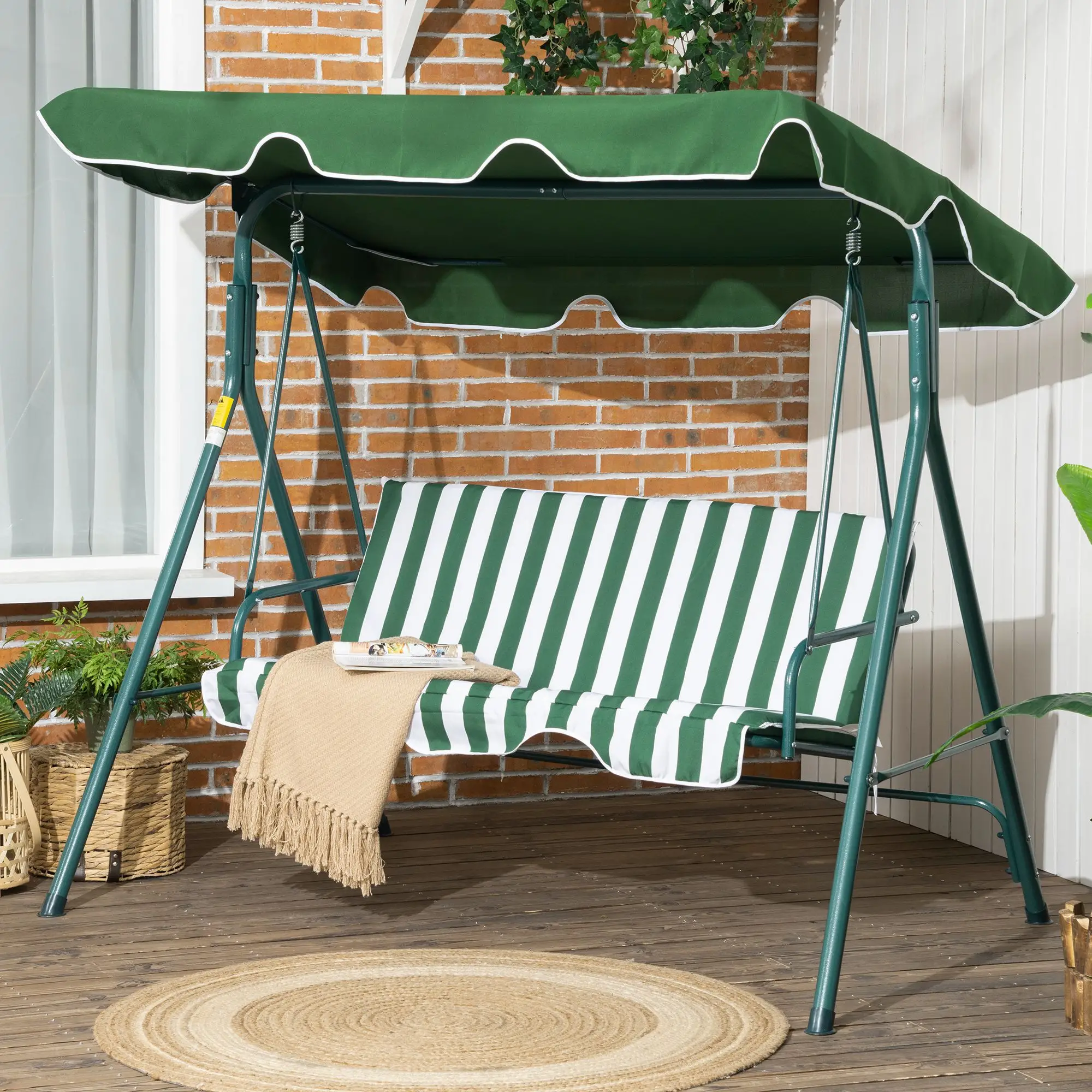 3-Seater Outdoor Porch Swing, Adjustable Canopy, White, Green - Image 2
