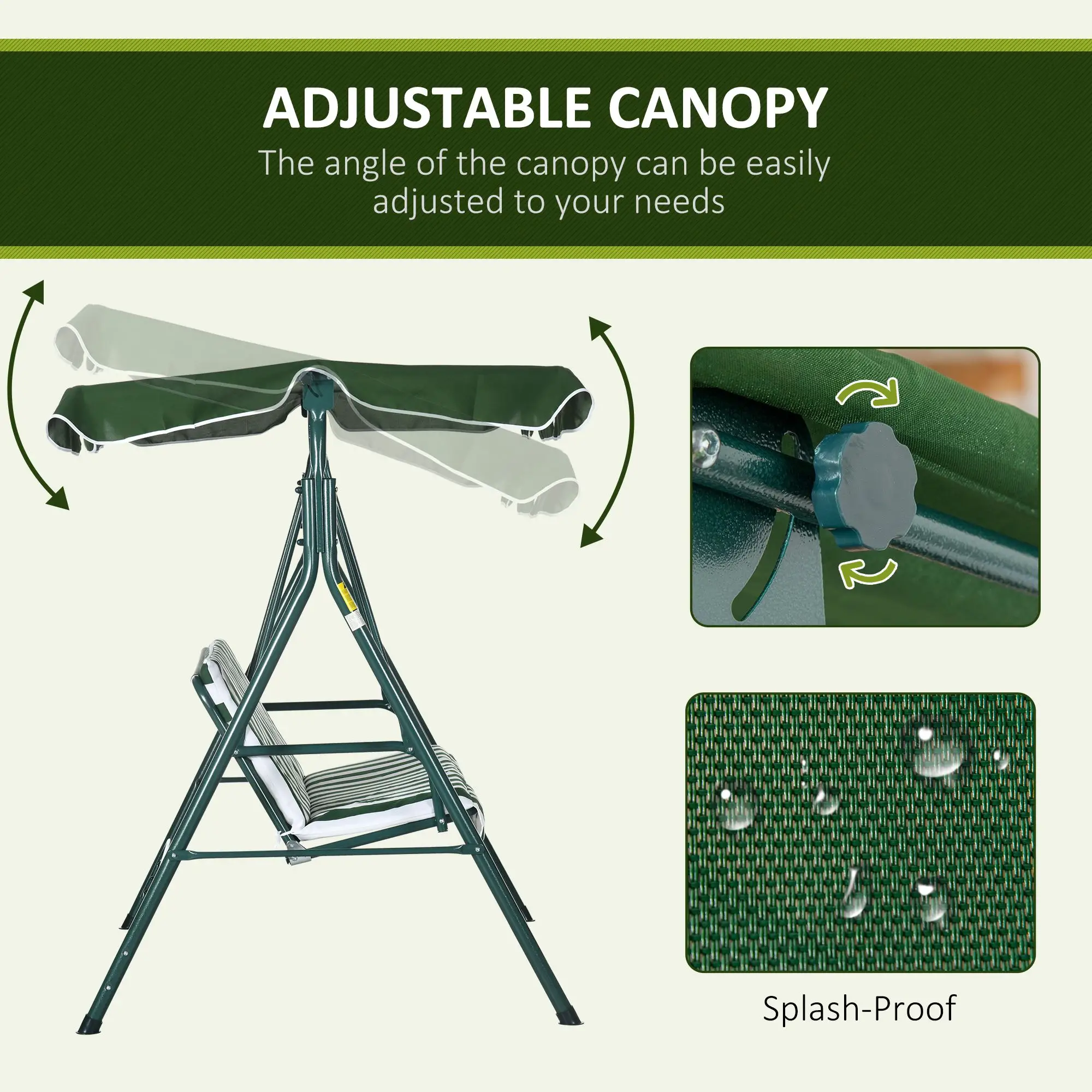 3-Seater Outdoor Porch Swing, Adjustable Canopy, White, Green - Image 5