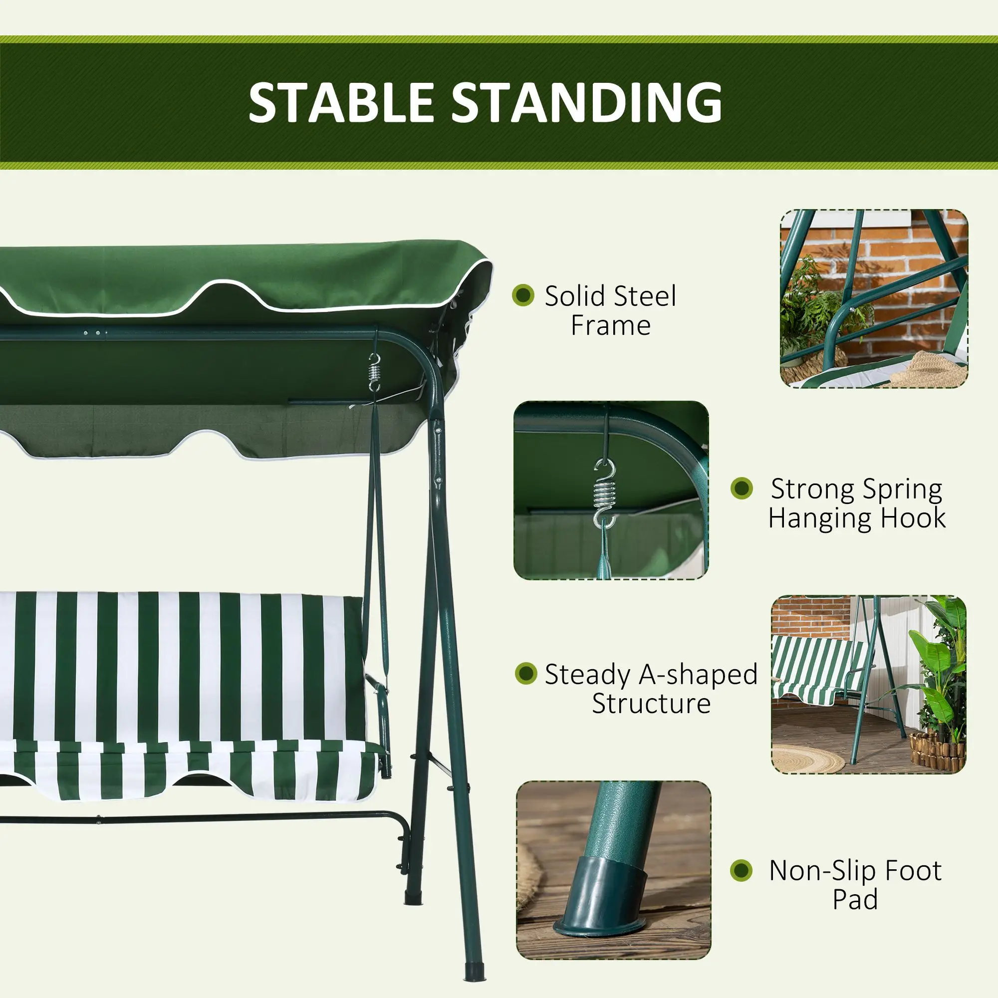 3-Seater Outdoor Porch Swing, Adjustable Canopy, White, Green - Image 6