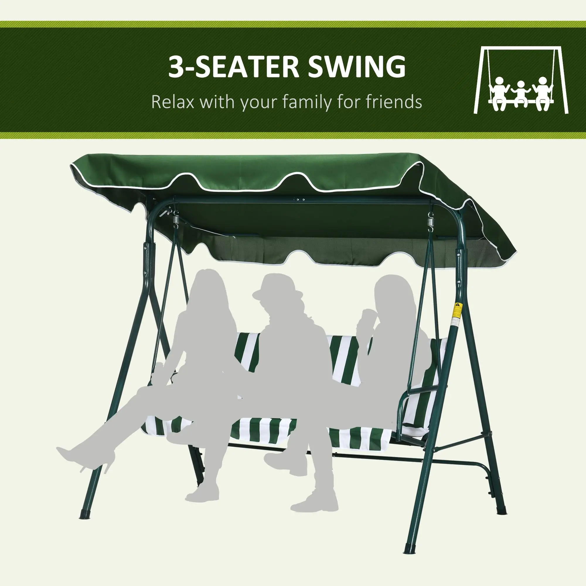 3-Seater Outdoor Porch Swing, Adjustable Canopy, White, Green - Image 7
