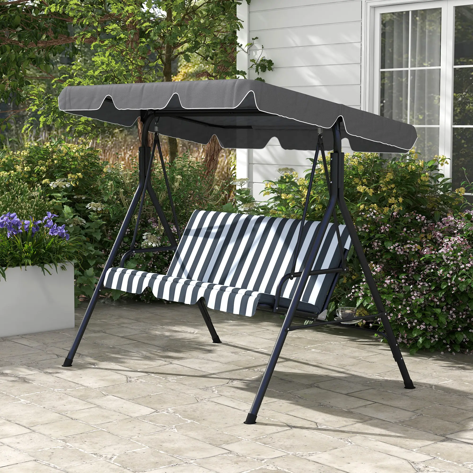 3-Seater Outdoor Porch Swing, Adjustable Canopy, White, Grey - Image 10