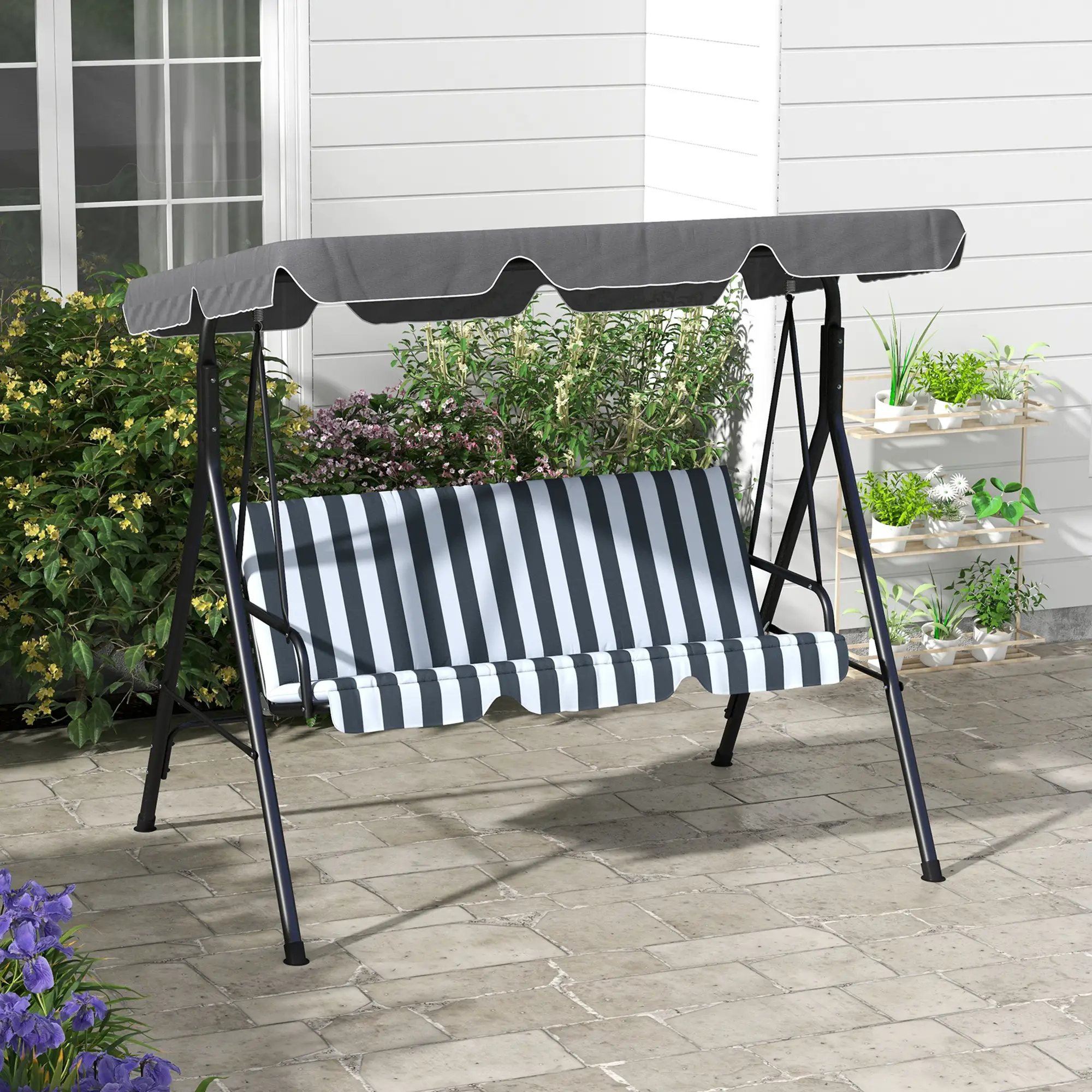 3-Seater Outdoor Porch Swing, Adjustable Canopy, White, Grey - Image 2
